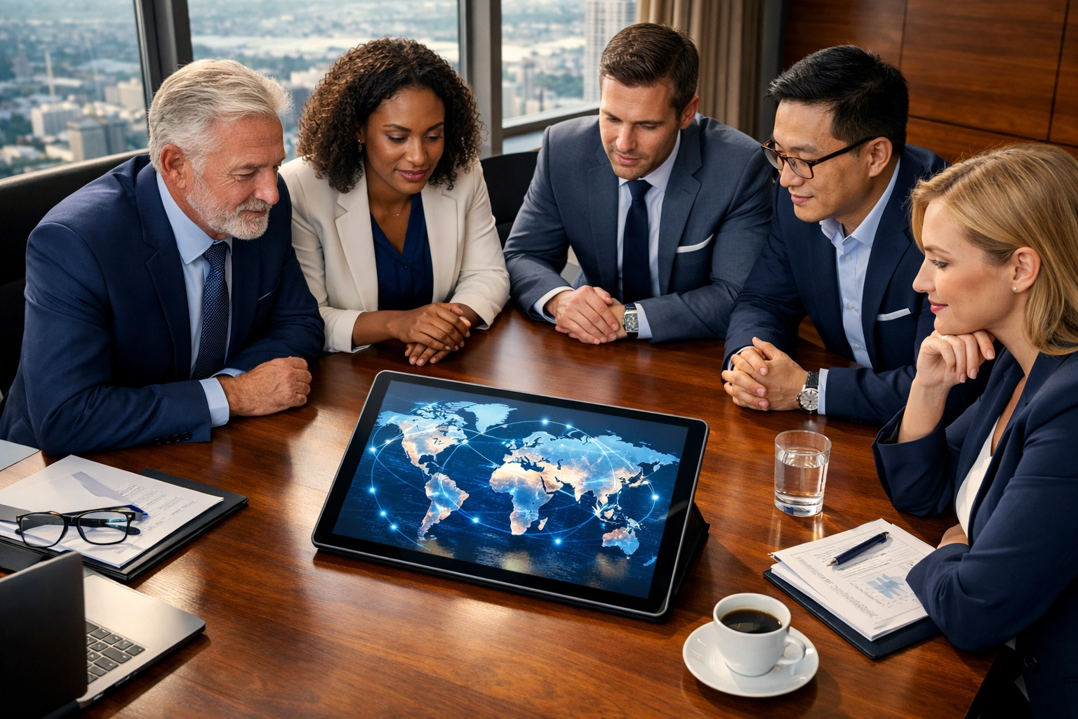 Specialized consultants in a boardroom planning a global growth strategy using digital map data.
