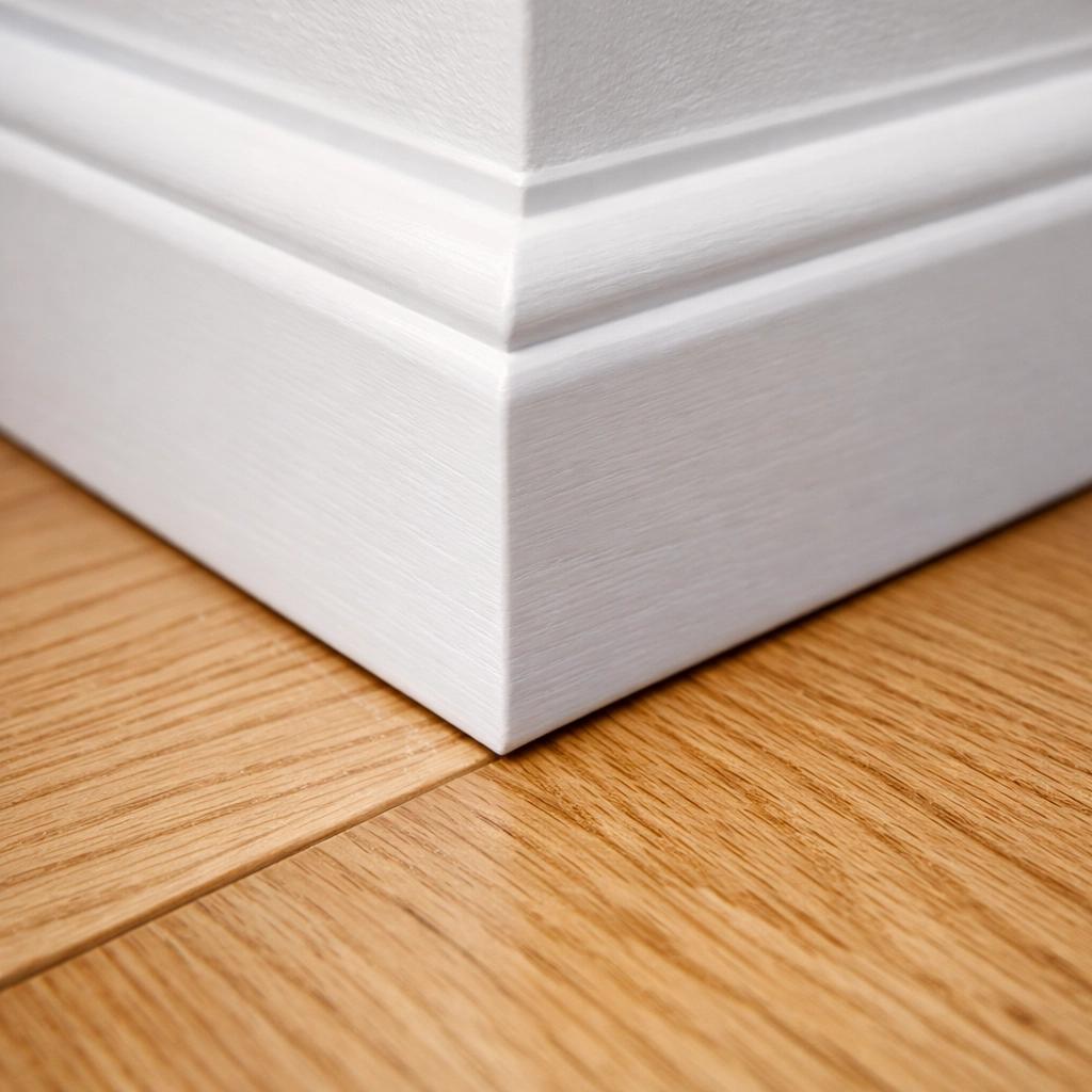 Close-up of deep cleaned white baseboards and hardwood floors in a modern Boston apartment.