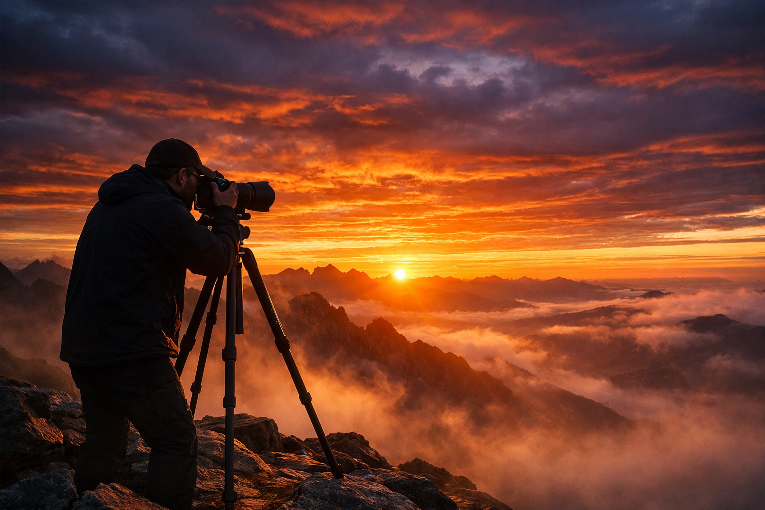 Photographer at sunrise on a mountain using photography tutorials to succeed and go pro.