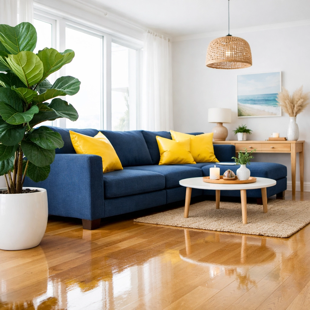 Eco-friendly residential cleaning Massachusetts in a modern Dover living room with spotless hardwood floors.