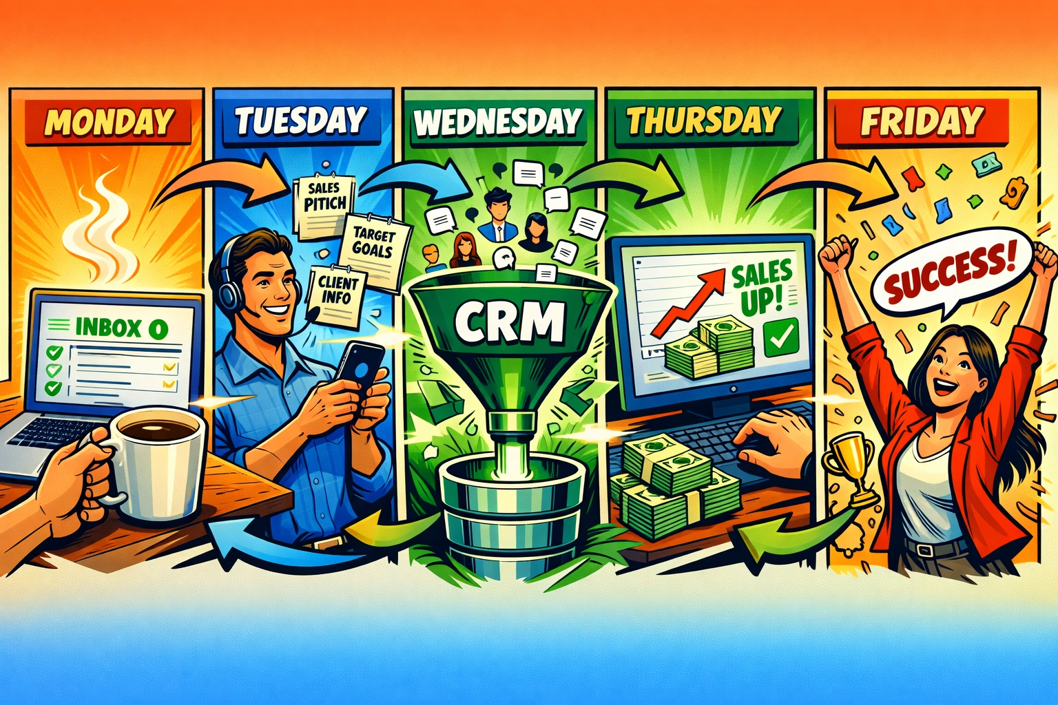 Week-long timeline showing automated business success from Monday to Friday