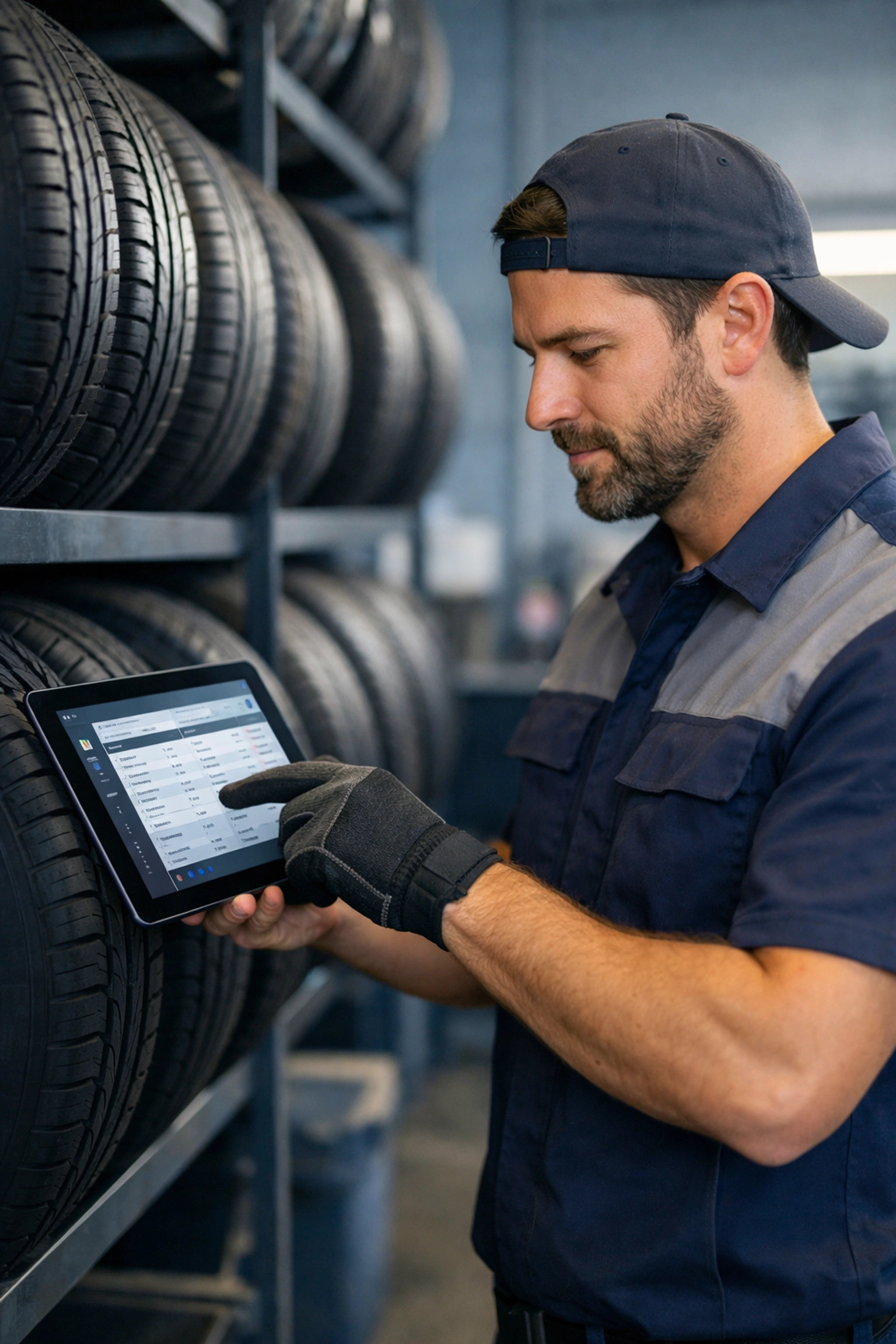 Tire shop mechanic using digital technology for local SEO marketing