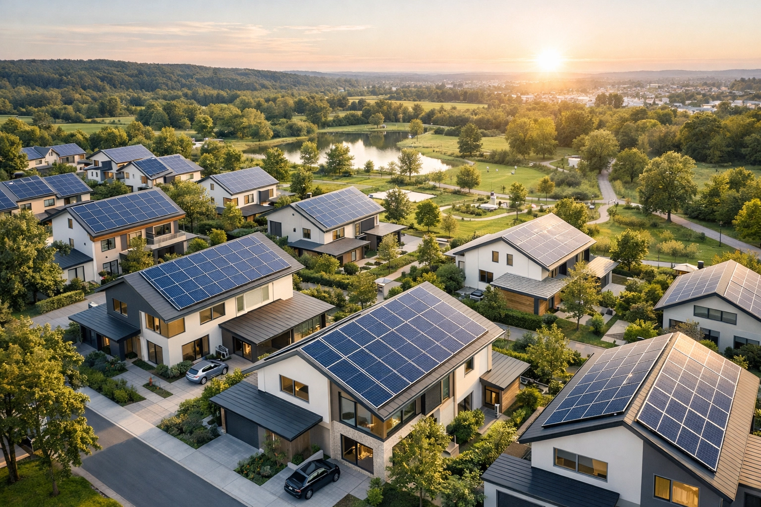 Aerial view of modern UK houses with rooftop solar panel systems in a sustainable community.