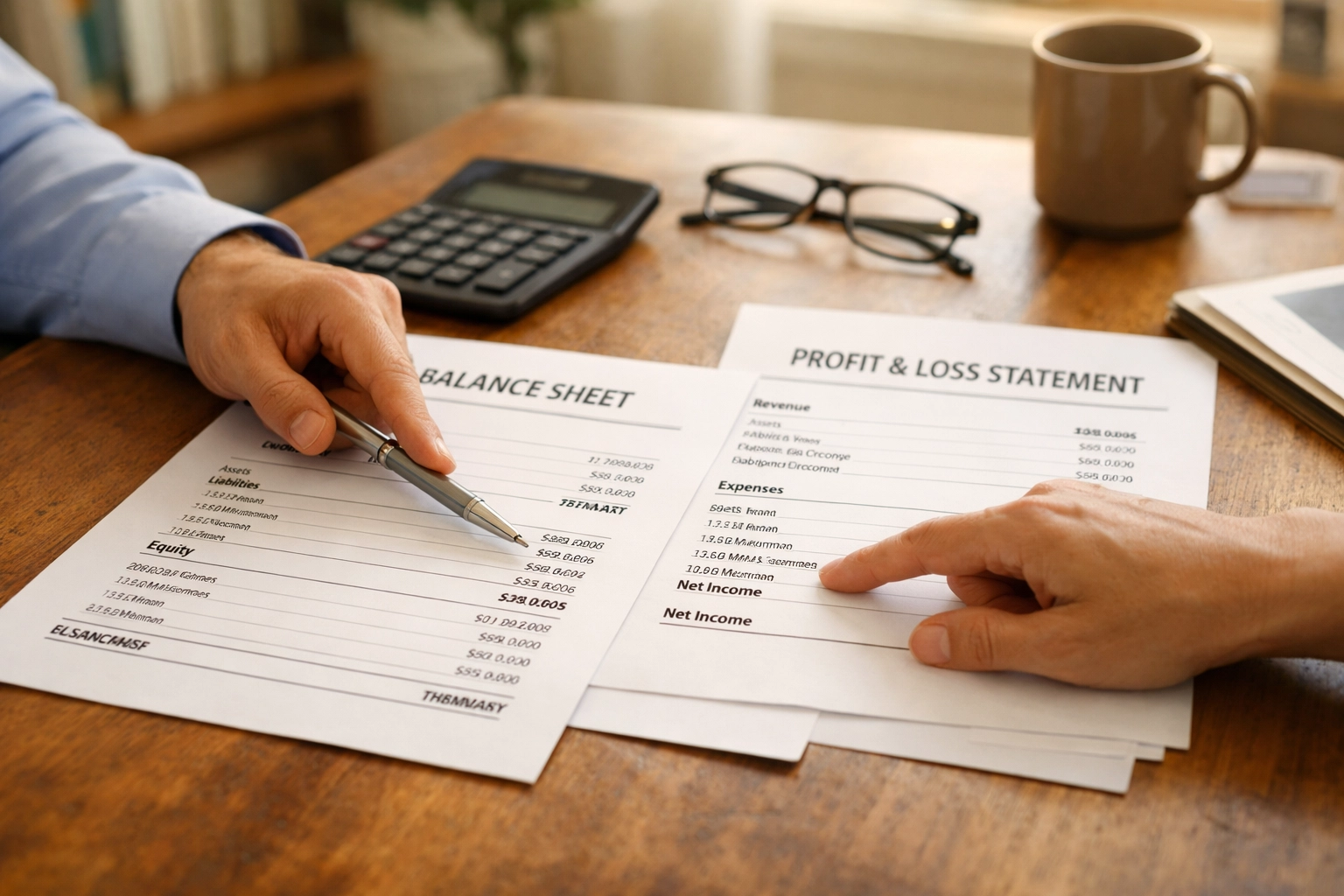 Accountant reviewing Balance Sheet and financial reports with small business owner