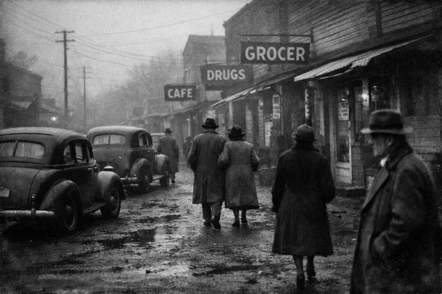 A gritty black-and-white street scene in 1938 Tupelo Mississippi during the Great Depression.