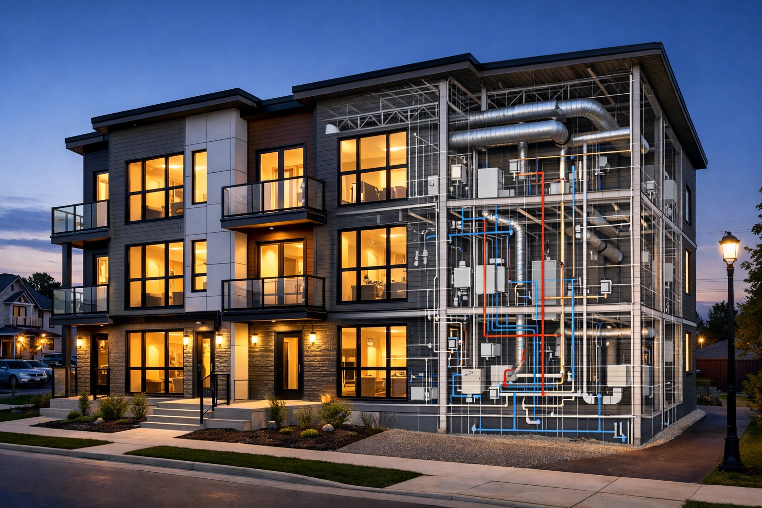 Completed Ontario multiplex with technical overlays showing coordinated structural and mechanical engineering systems.