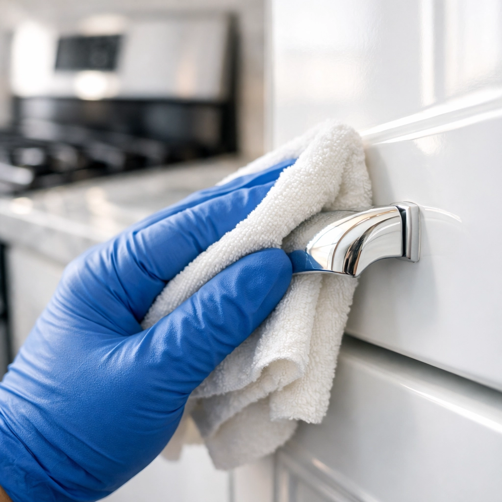 Detailed kitchen sanitization during a professional move-out cleaning in Massachusetts for a Boston apartment.