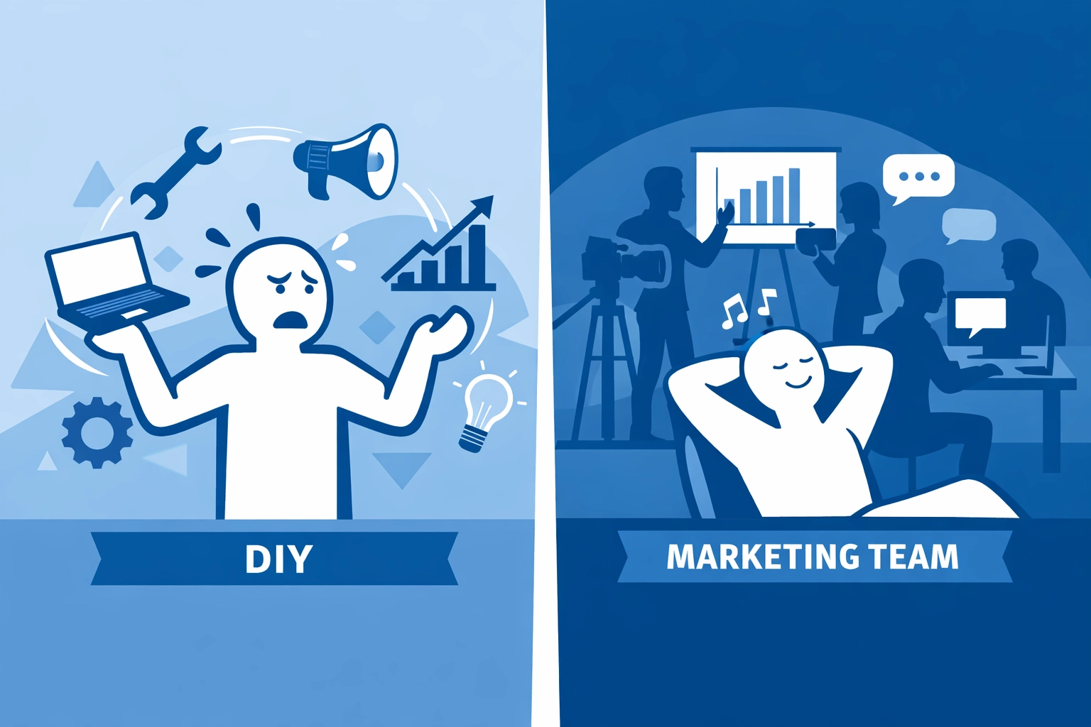 Comparison of DIY marketing stress versus delegating to professional team