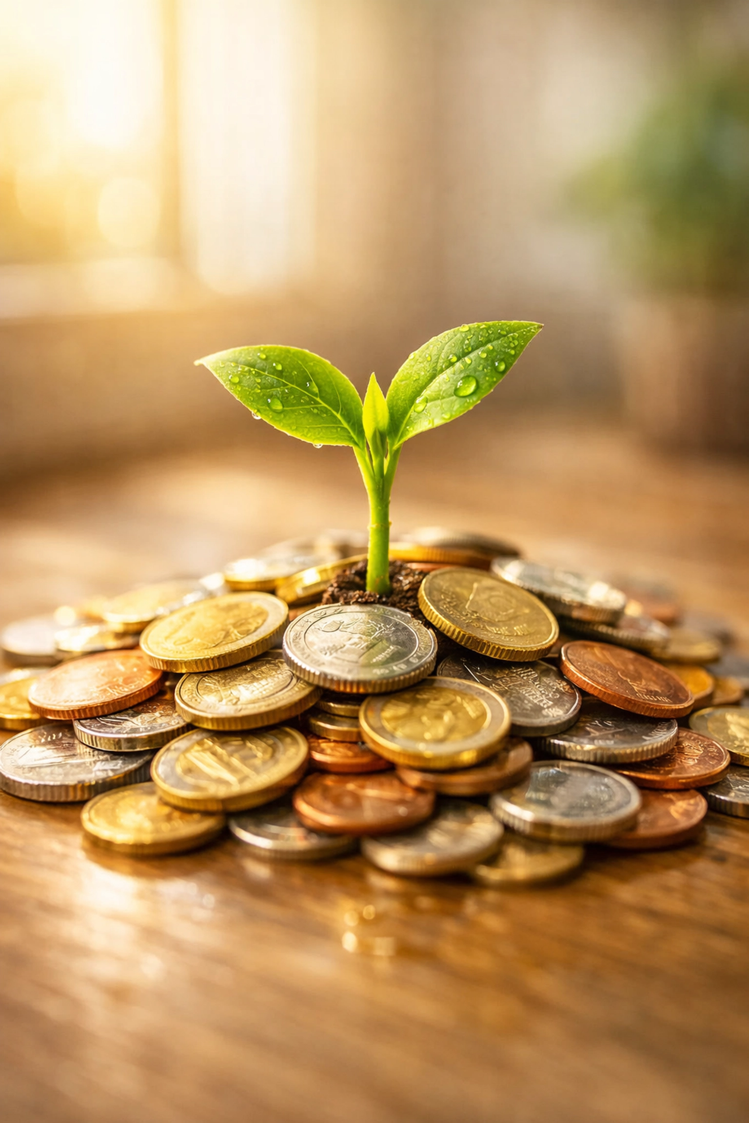 A green sprout growing from multi-national coins symbolizing business growth through international PPC investment.