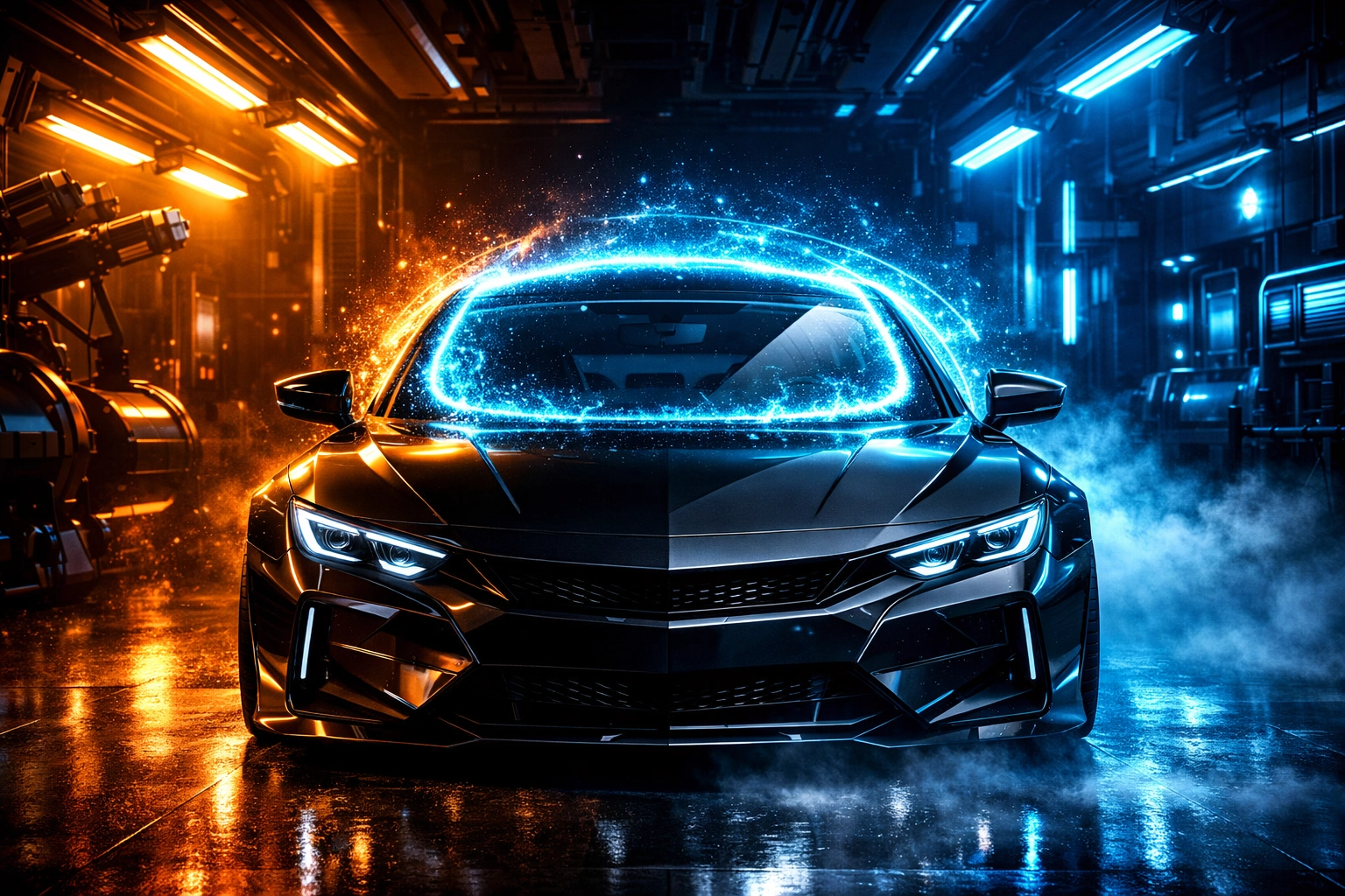 Modern car silhouette illustrating the windshield curing process and drive-away time safety.