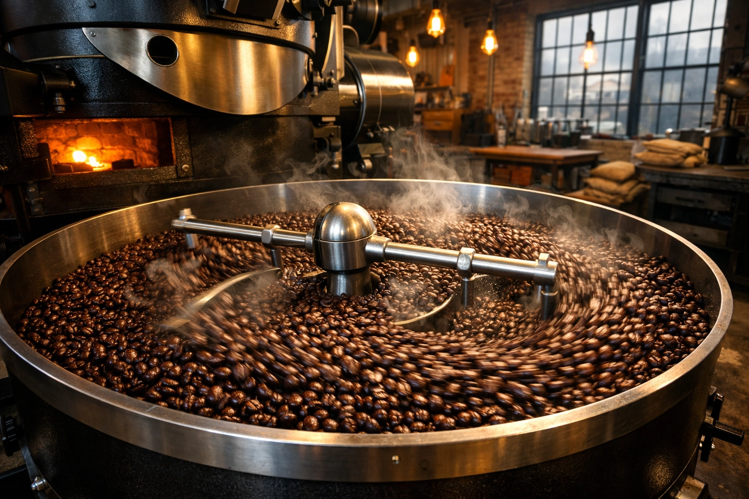 Freshly roasted dark coffee beans cooling at the Peacemaker roasting facility in Toledo Ohio.