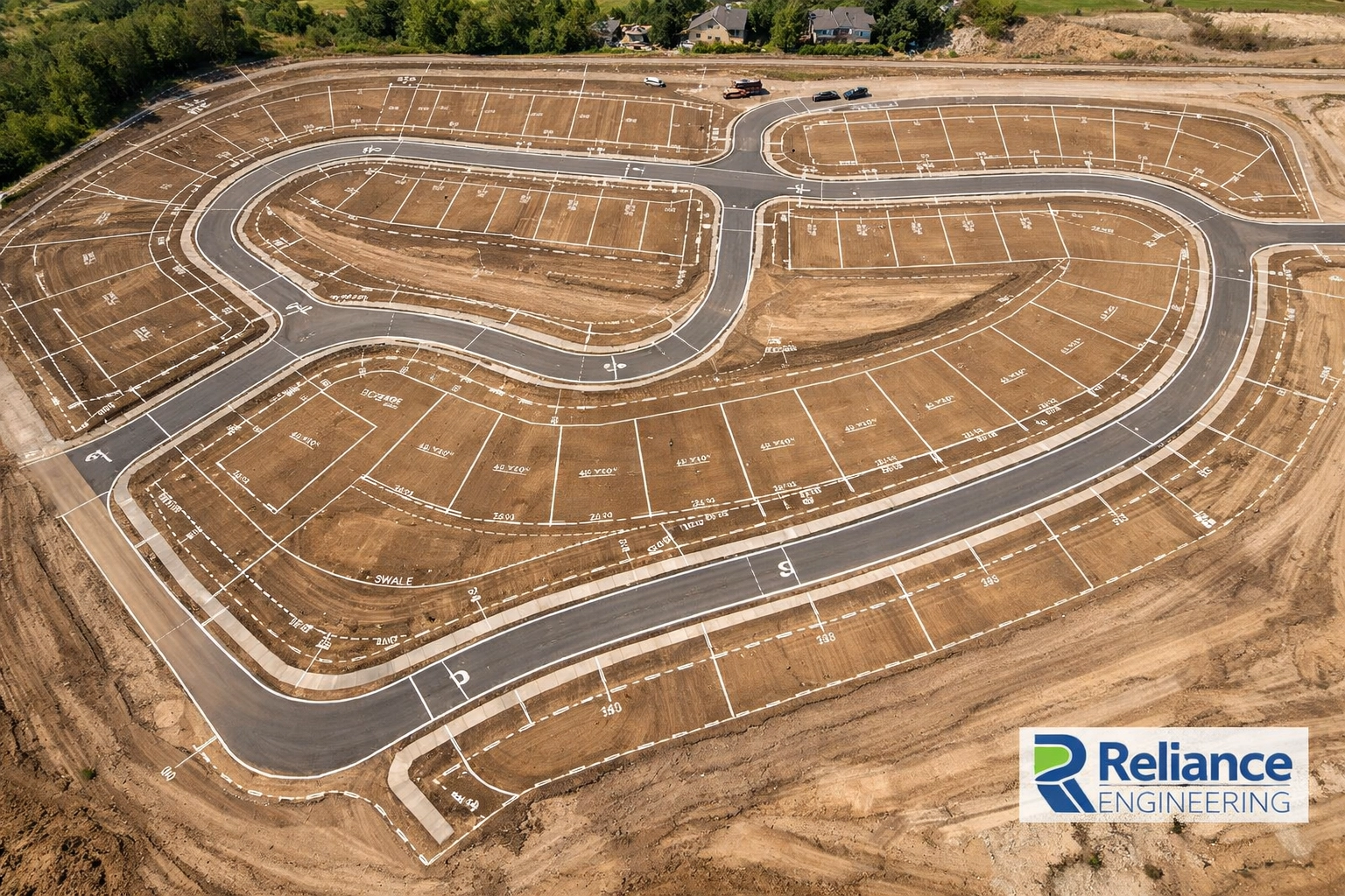 Aerial drone view of a professionally graded development site in Ontario showing finished drainage swales.