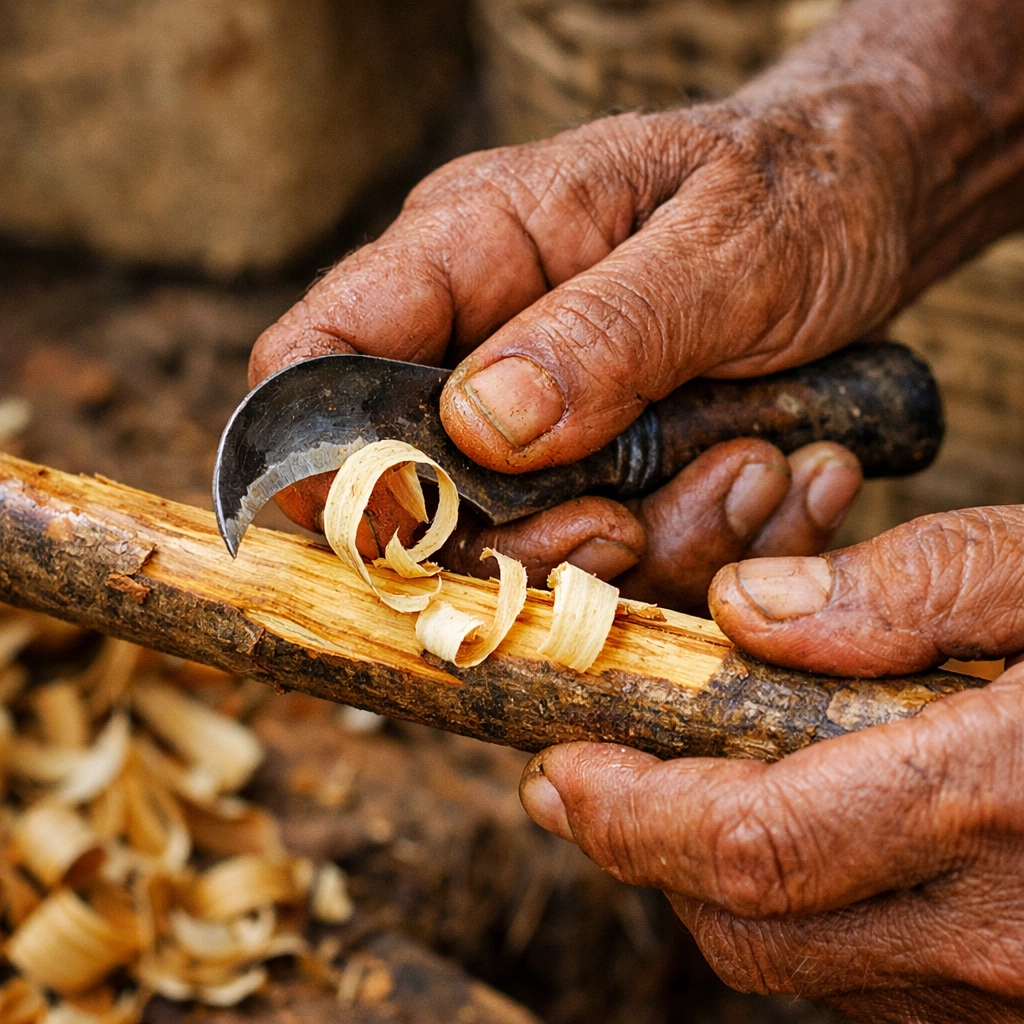 Artisan hands manually peeling thin layers of H1 grade Ceylon cinnamon bark in Sri Lanka.