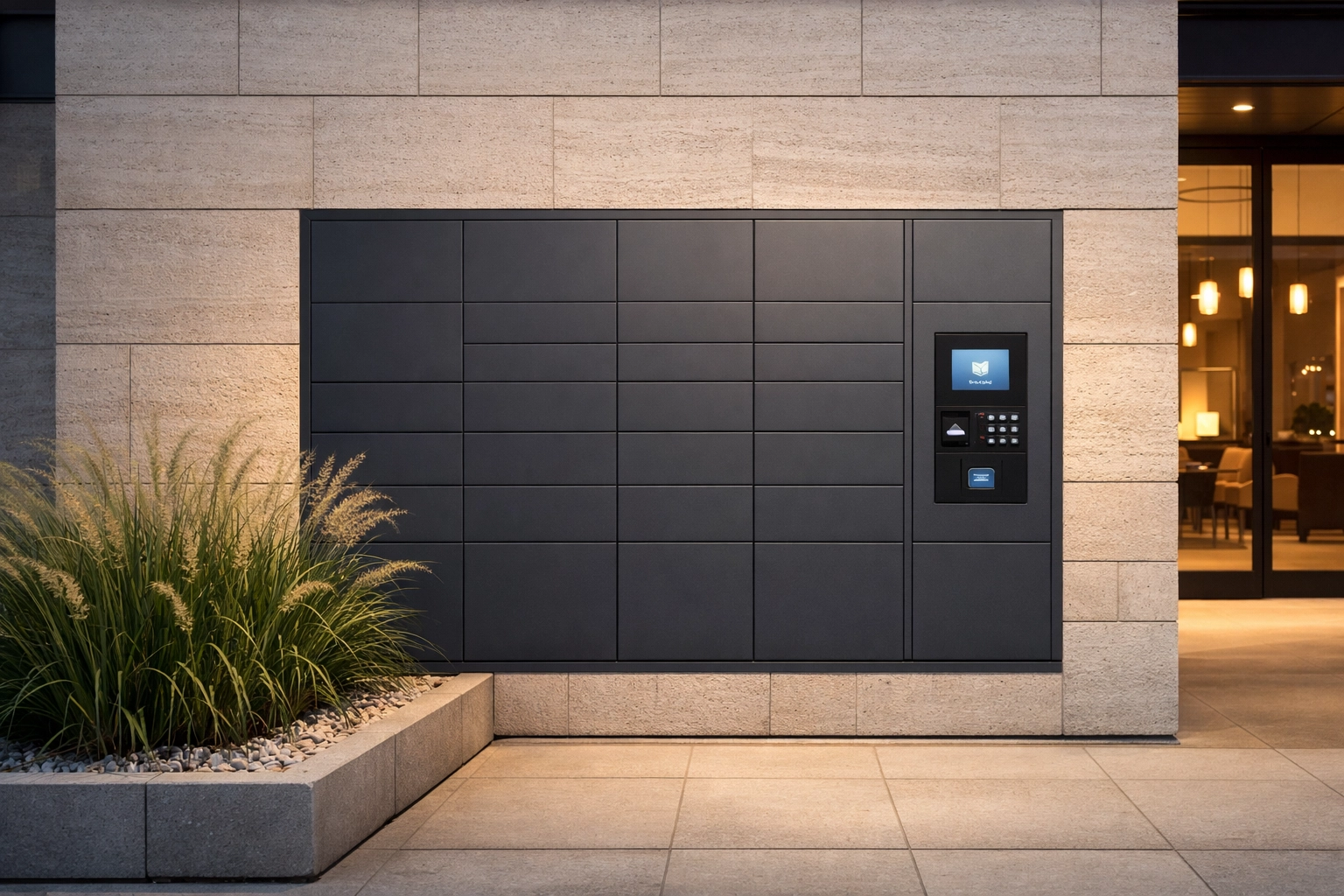 Secure automated parcel lockers integrated into a modern hotel exterior for ancillary income.
