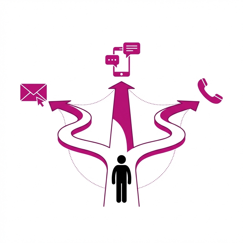 Person at crossroads choosing between email, social media, and phone, illustrating multi-channel marketing strategy for personalized outreach.