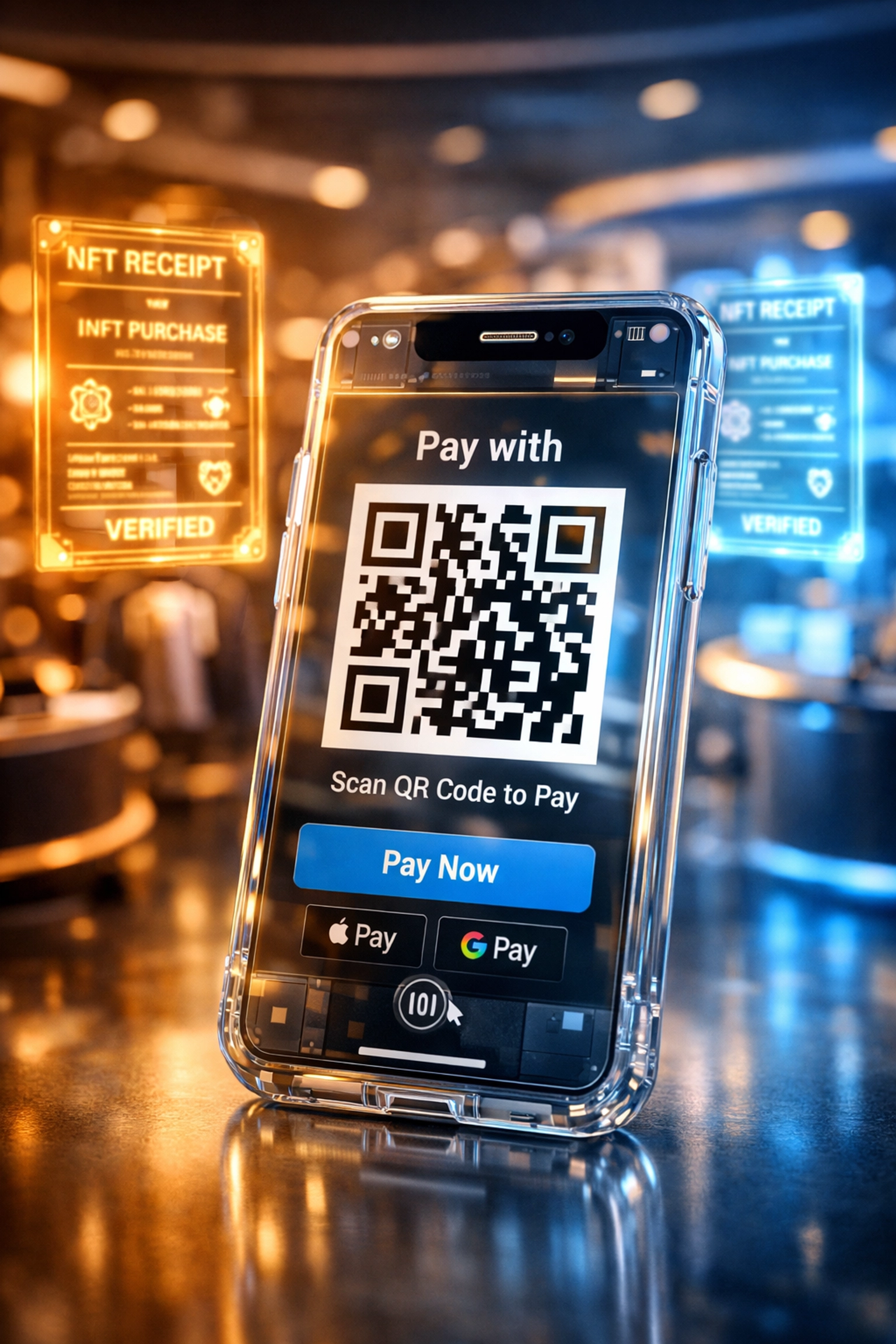 QR code crypto payment on smartphone with NFT receipts in VR shopping environment