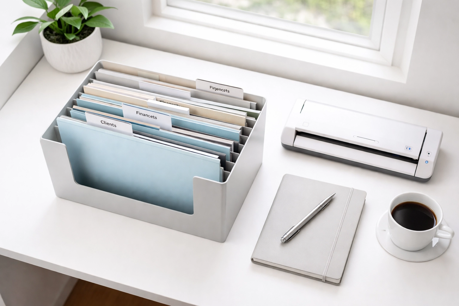 Organized tax office workspace with labeled file folders and scanner for efficient filing season