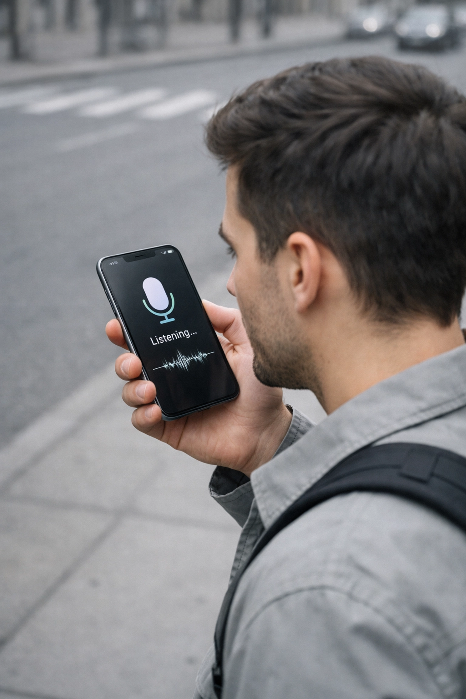 Person using voice search on smartphone for local business discovery