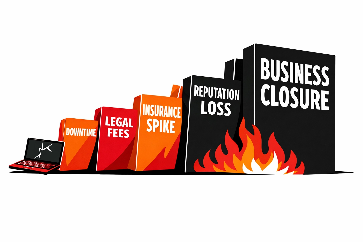 Domino effect showing IT breach consequences: downtime, legal fees, insurance costs, business closure
