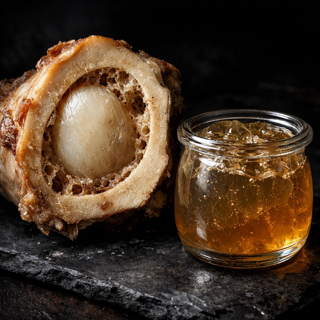 Chilled gelatinous bone broth and beef marrow bone demonstrating high collagen concentration for tissue support.