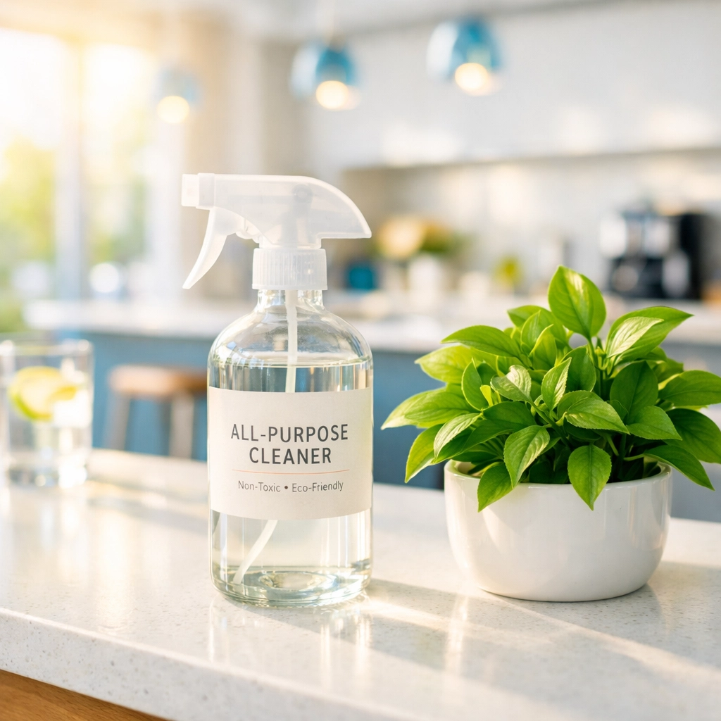 Eco-friendly office cleaning products on a clean breakroom counter with healthy plants in Milton.