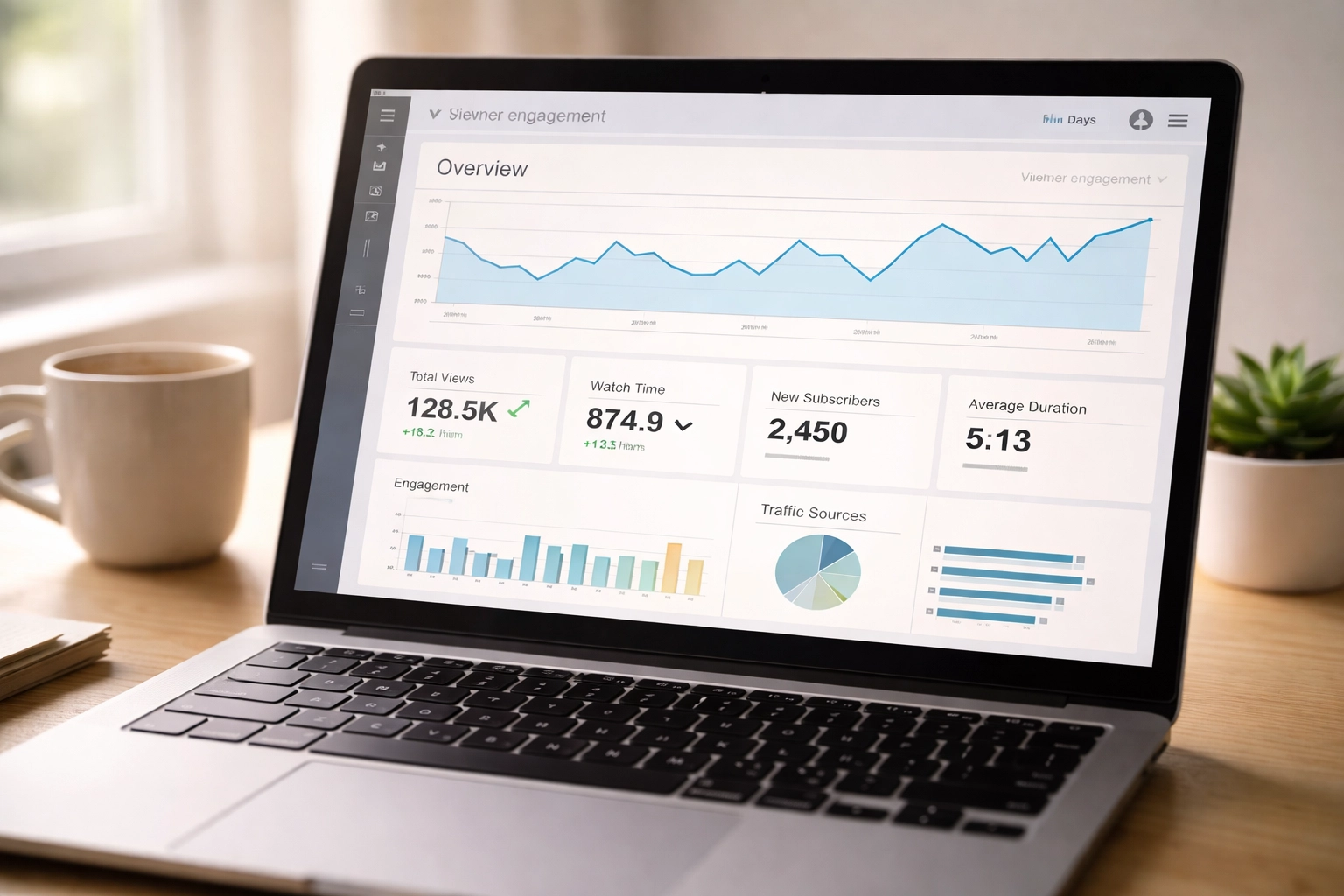Laptop displaying virtual tour analytics and user engagement graphs for real estate lead generation.