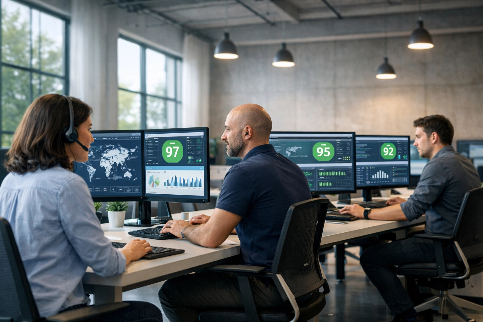 IT operations team monitoring ServiceNow platform health scores and ITOM data visualizations.