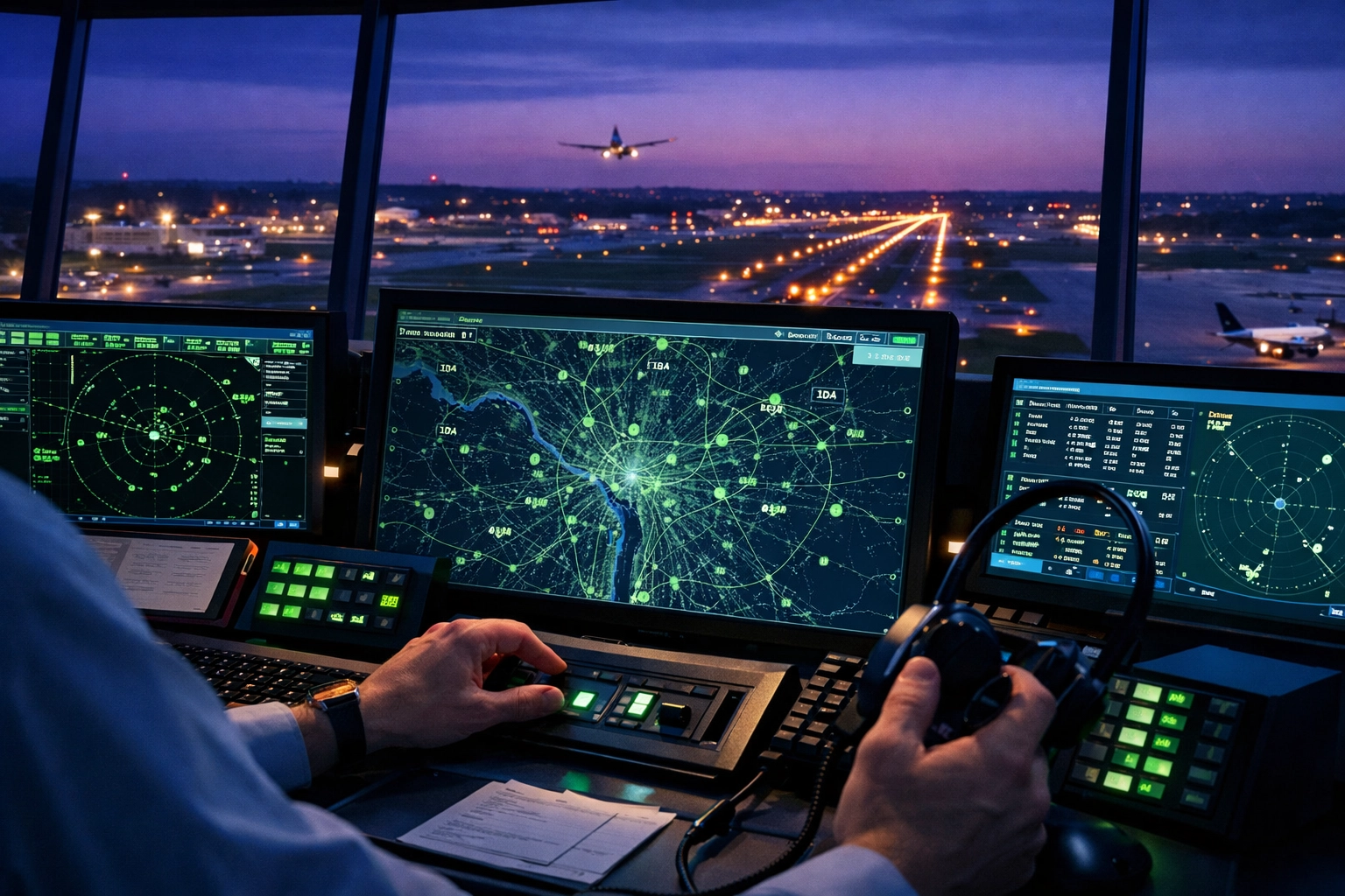 Air traffic control tower monitoring Reagan National Airport restricted airspace