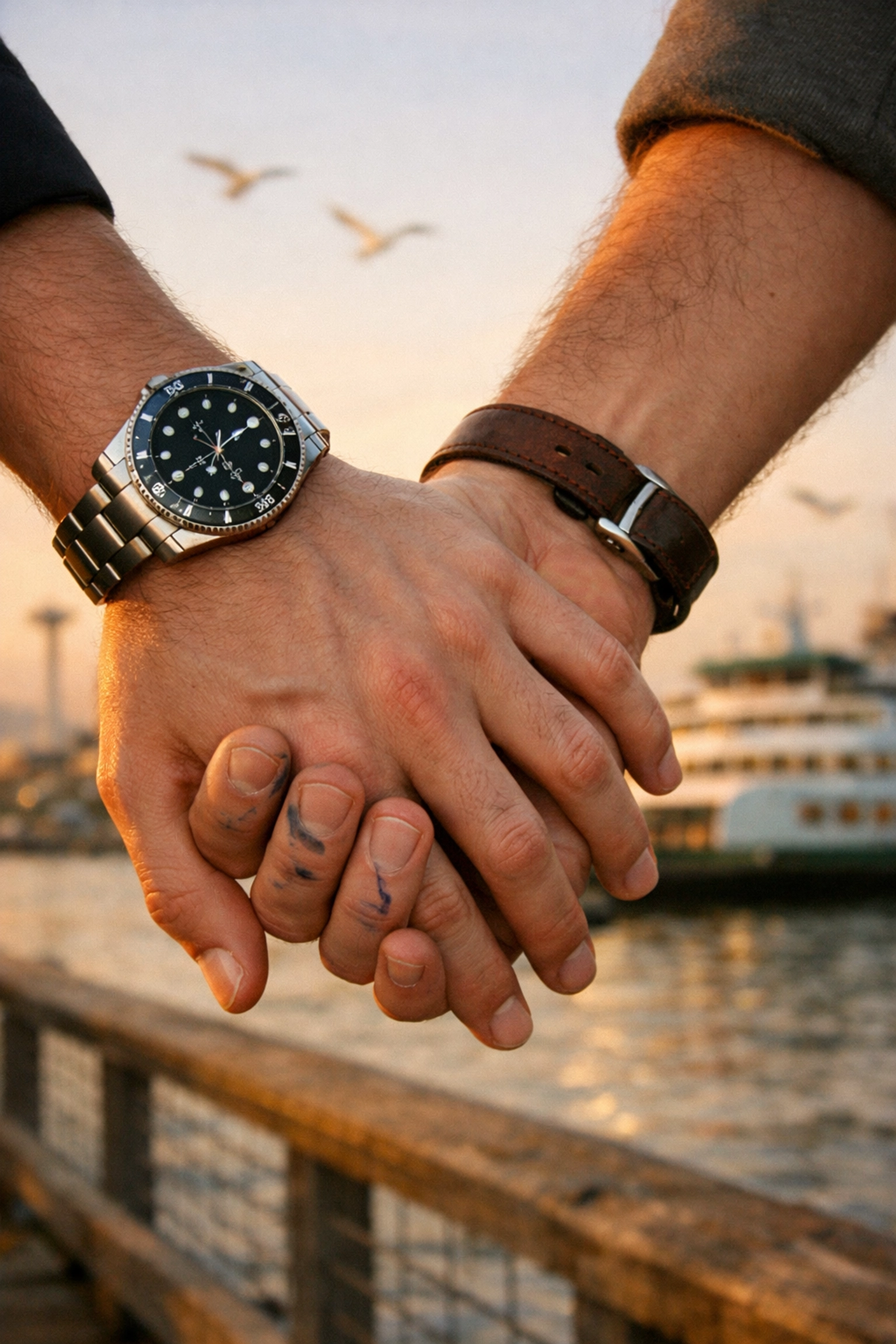 Two men holding hands showing class divide through luxury watch and ink-stained fingers