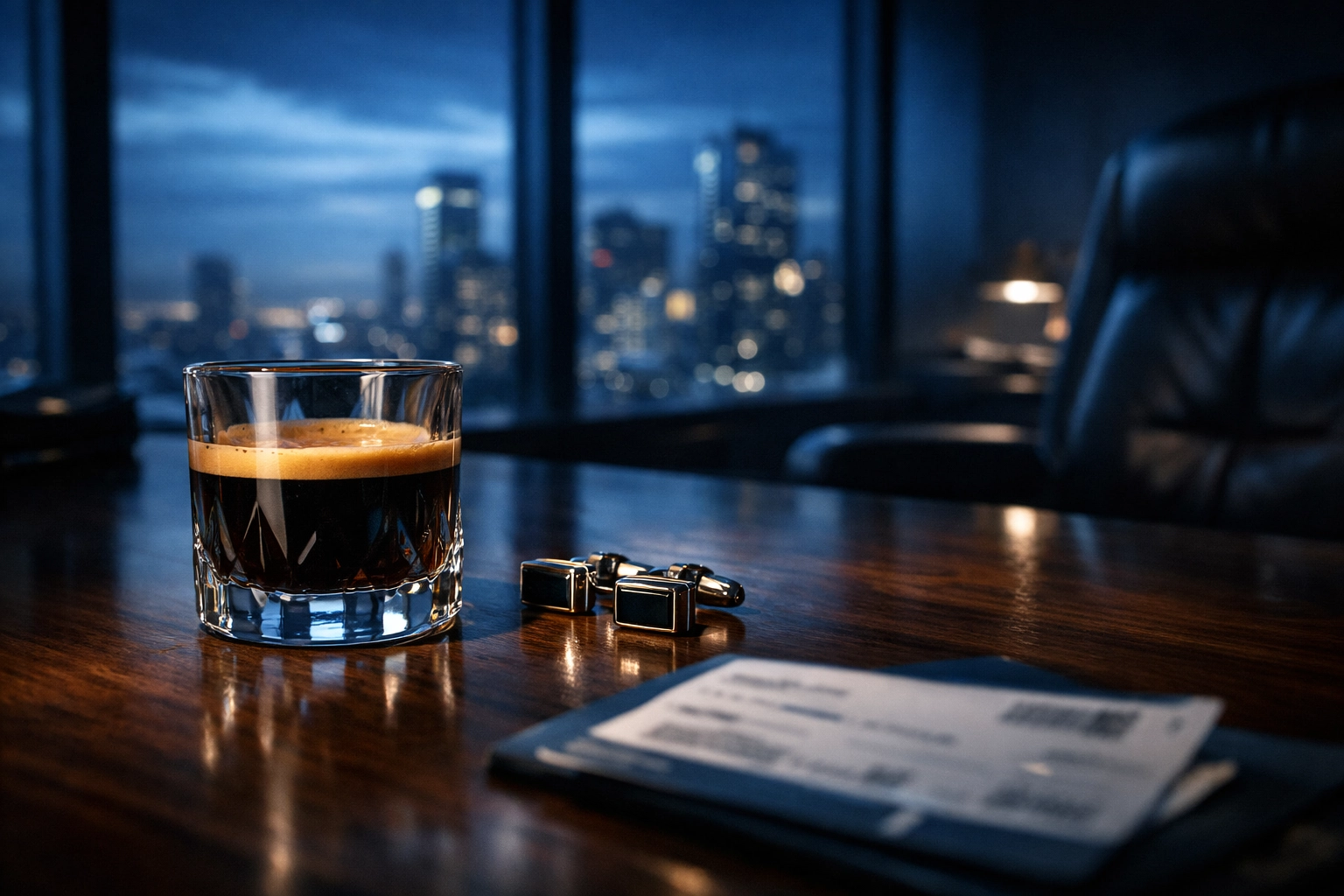 Morning espresso on an executive desk at dawn, highlighting high-stakes executive energy management.