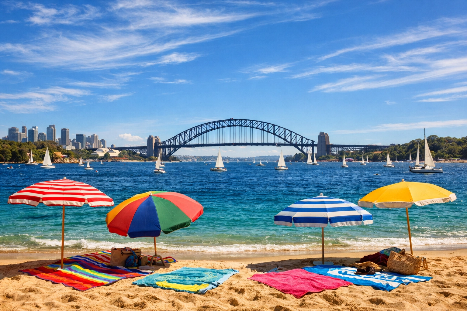 Sydney Harbour Bridge view from Lady Bay Beach with sailboats and golden sand
