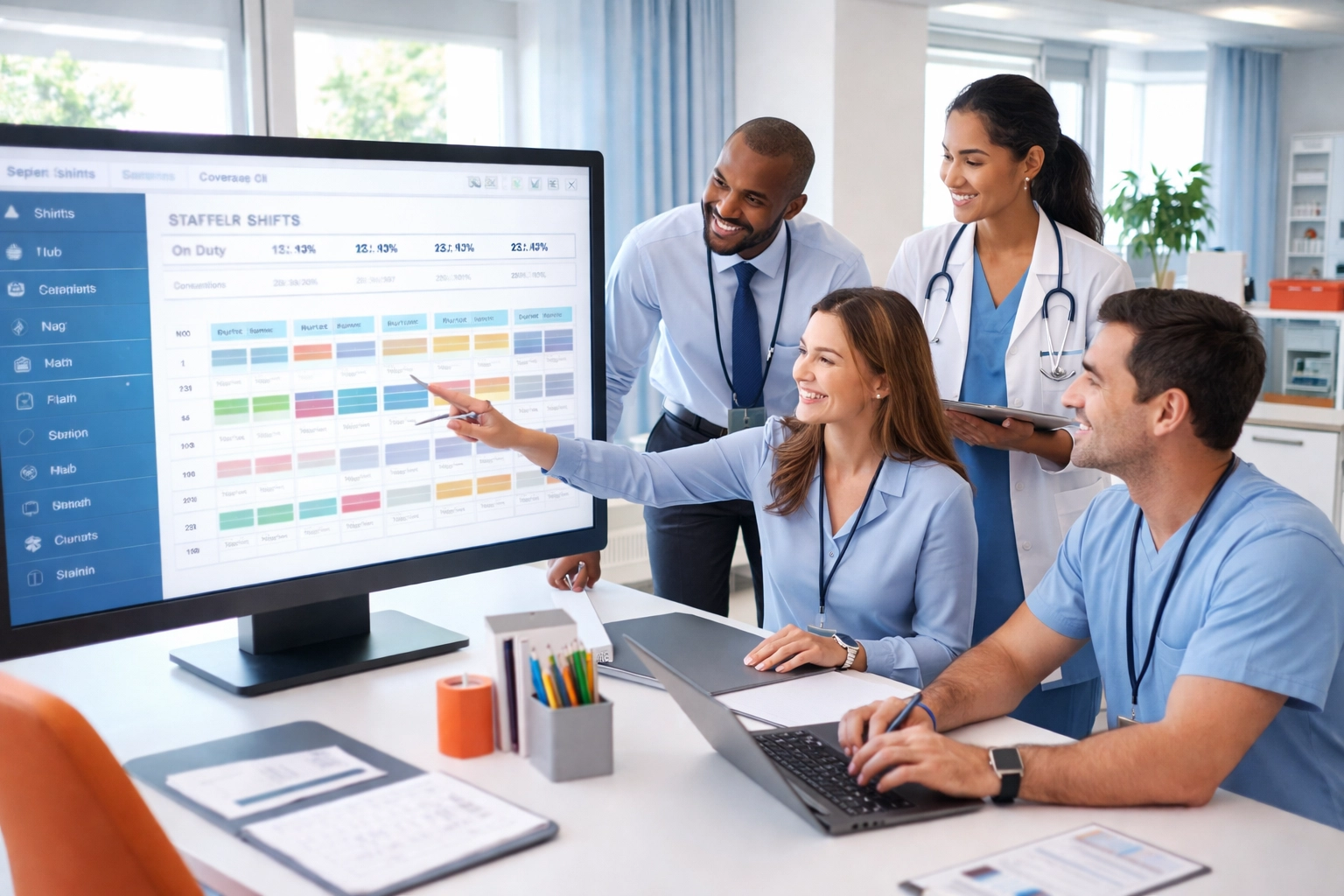 Diverse hospital administrators using digital staffing technology in a bright office to streamline healthcare staffing solutions