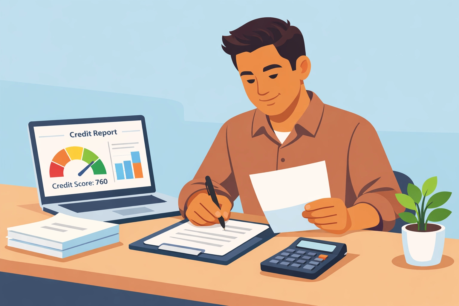 Persona revisando reporte de crédito y documentos financieros para mejorar su score