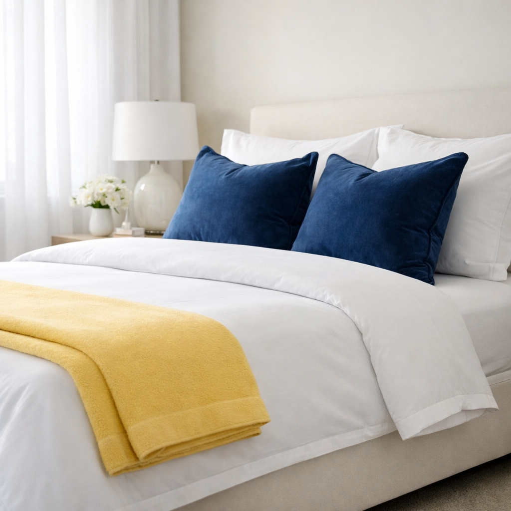 A perfectly made bed with crisp white linens and blue accents in a clean, high-end Hopkinton home bedroom.