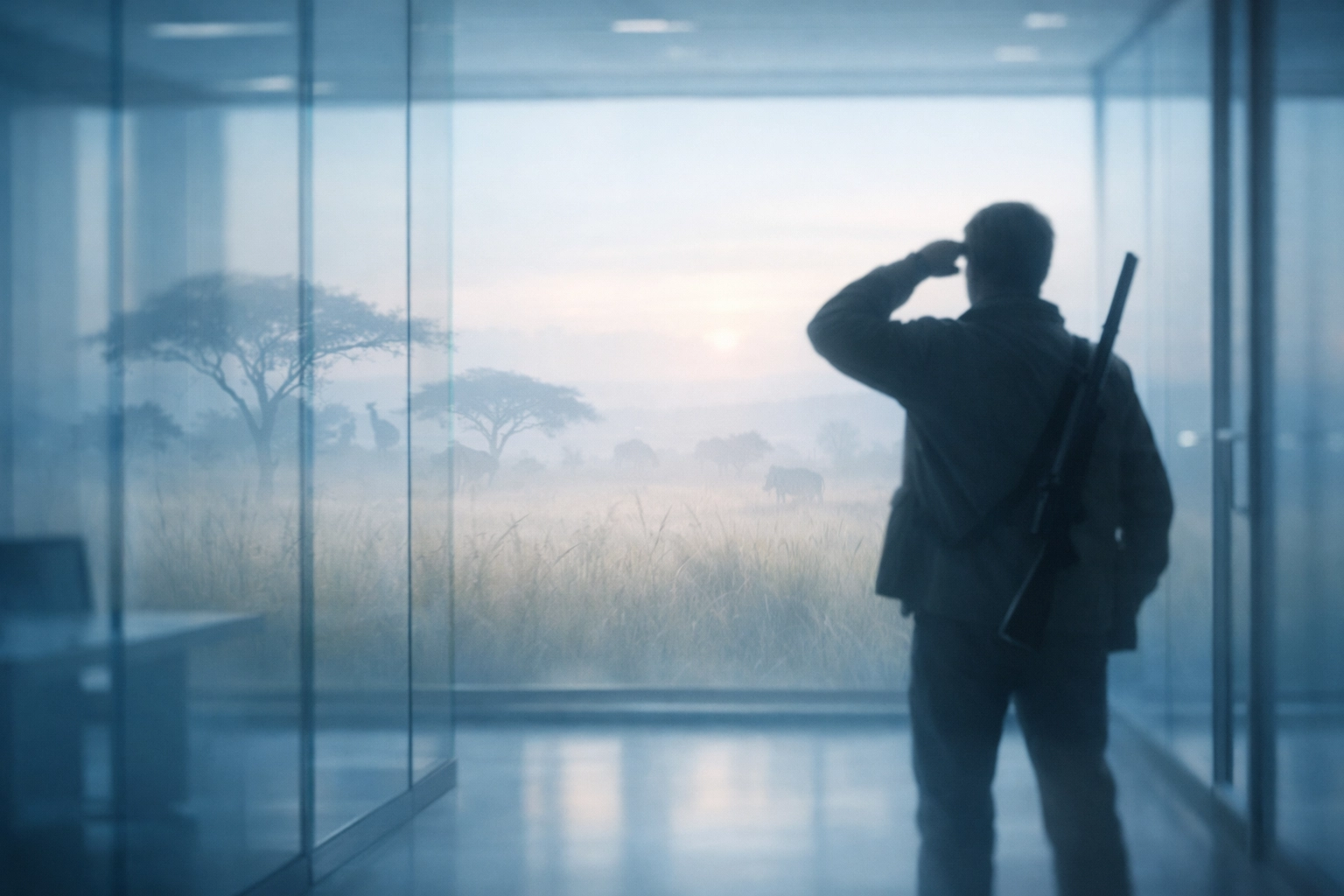 Modern office professional with savanna background showing the mismatch between evolutionary ADHD traits and work.