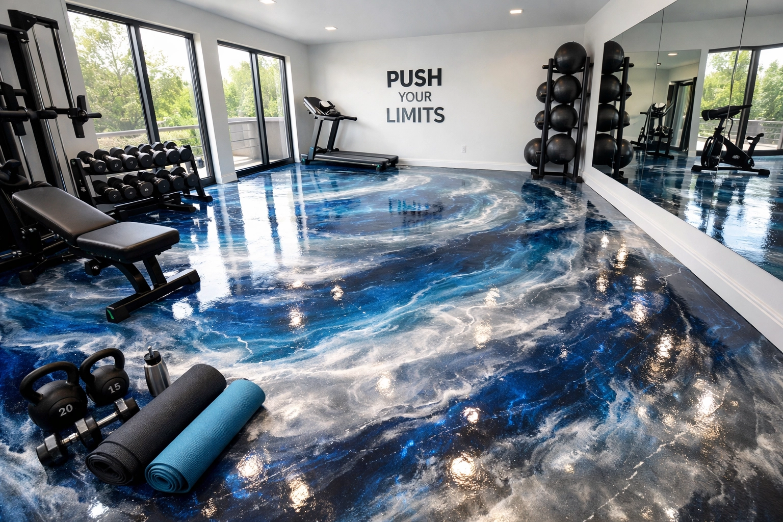 Home gym featuring blue metallic epoxy flooring with exercise equipment