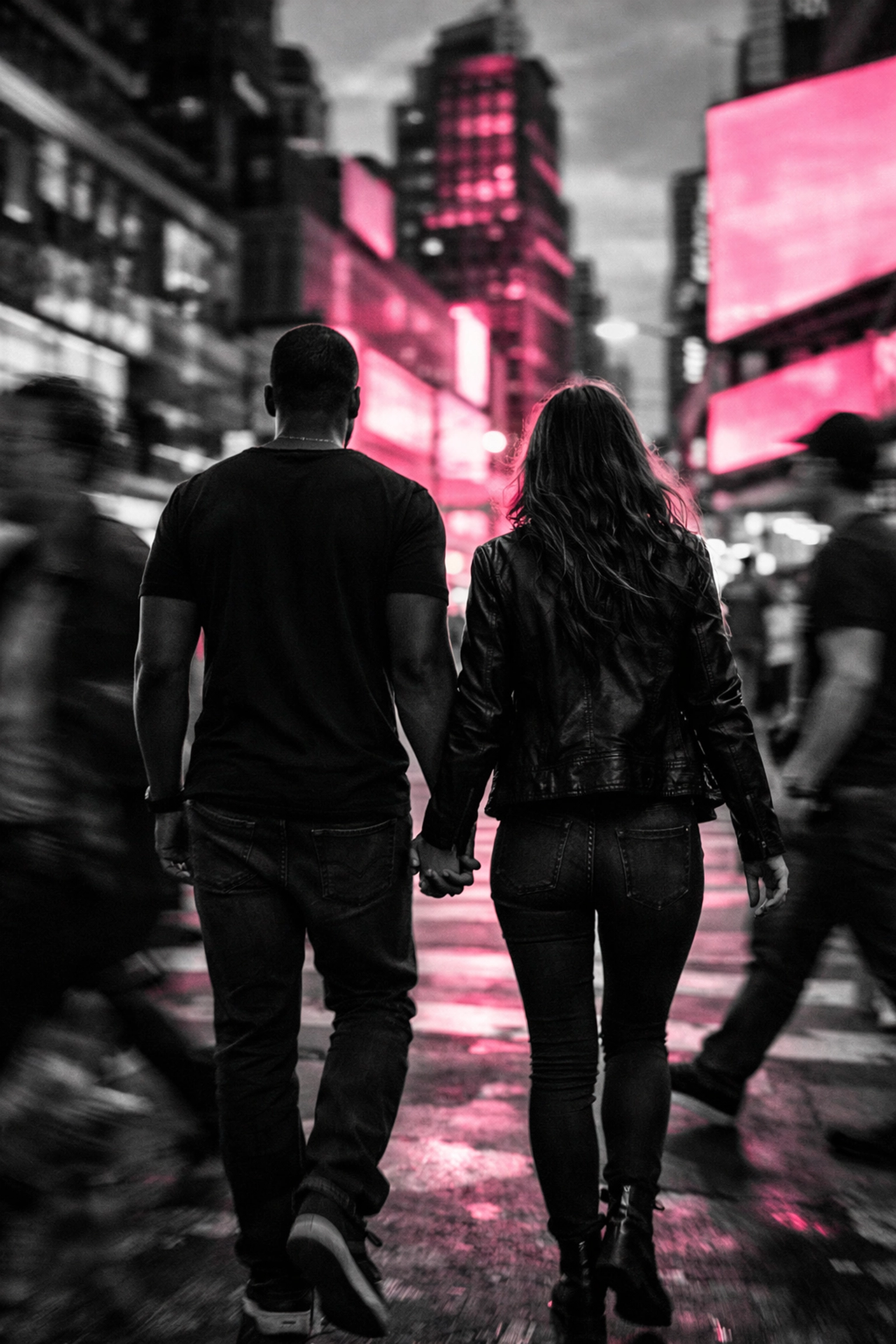 Couple walking hand-in-hand through busy city street showing loyalty and commitment