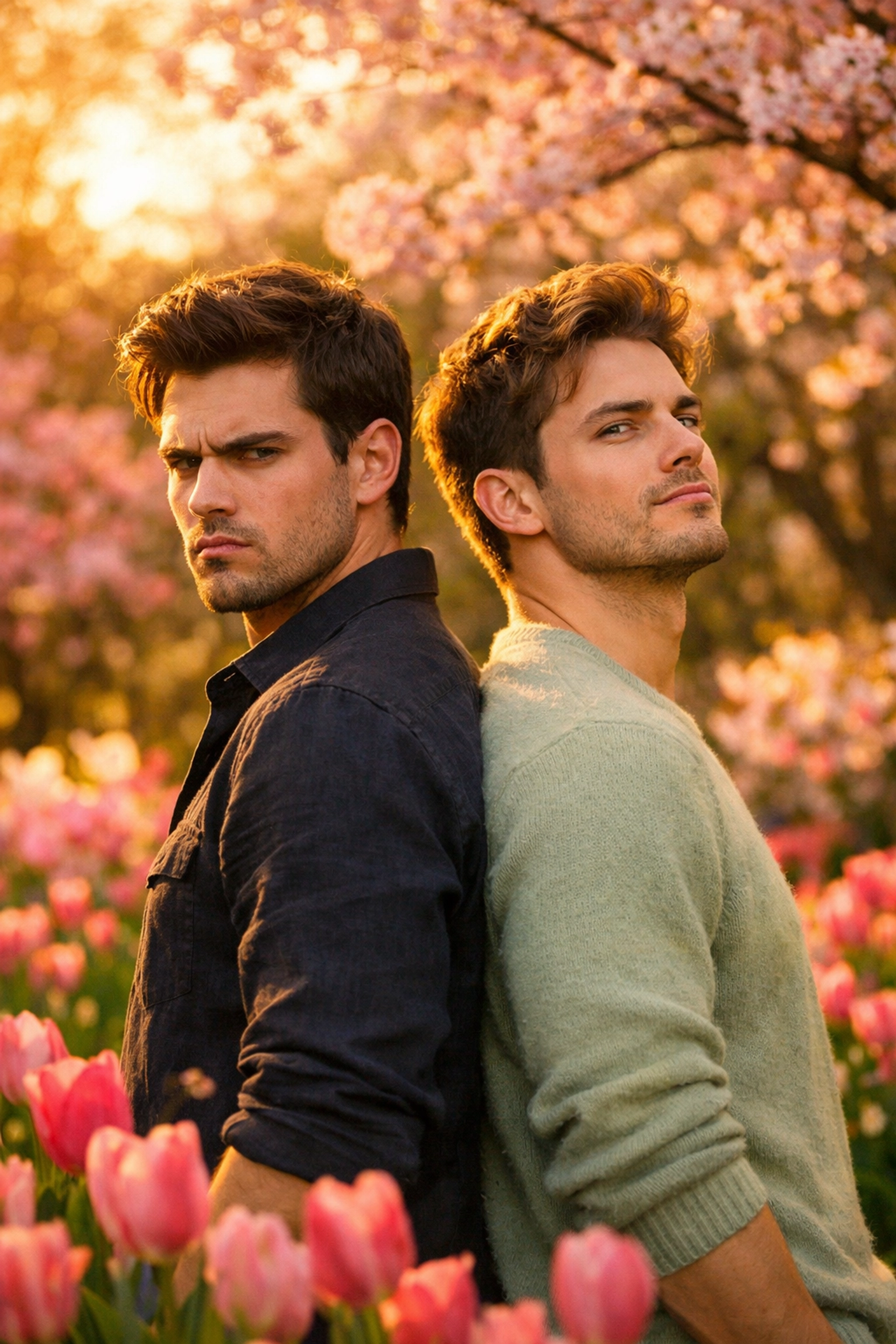 Two men back-to-back in a spring garden portraying enemies to lovers mm romance tension.