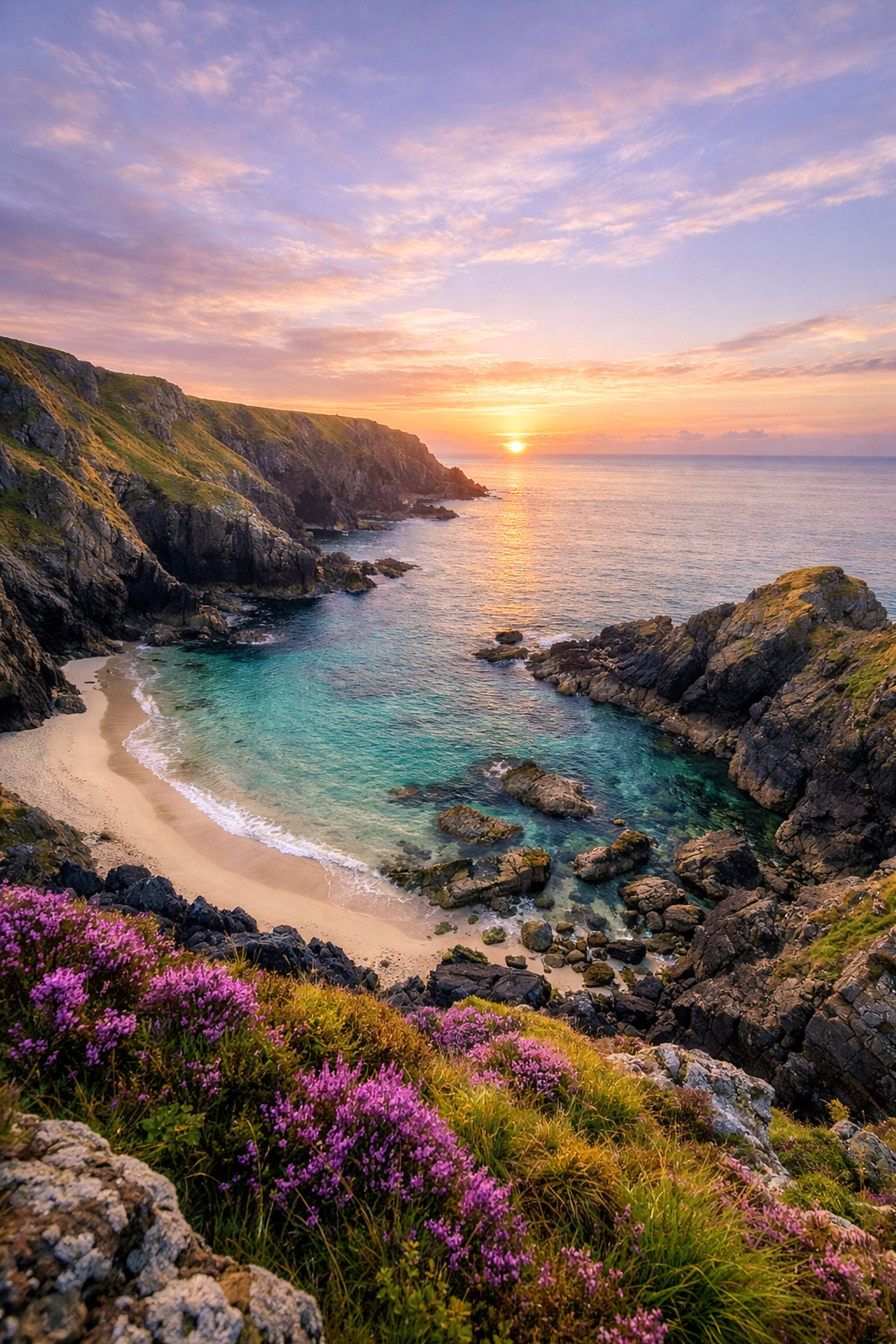 Serene Cornwall beach at sunrise, offering a peaceful and scenic location for a drone ash scattering ceremony.