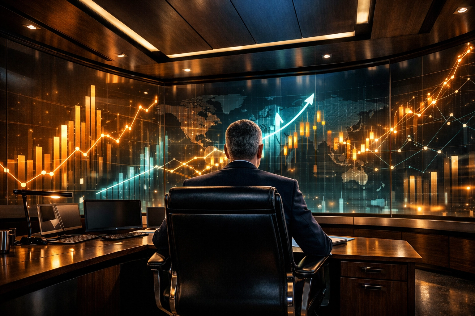 A professional advisor viewing financial market trends to guide business funding decisions.