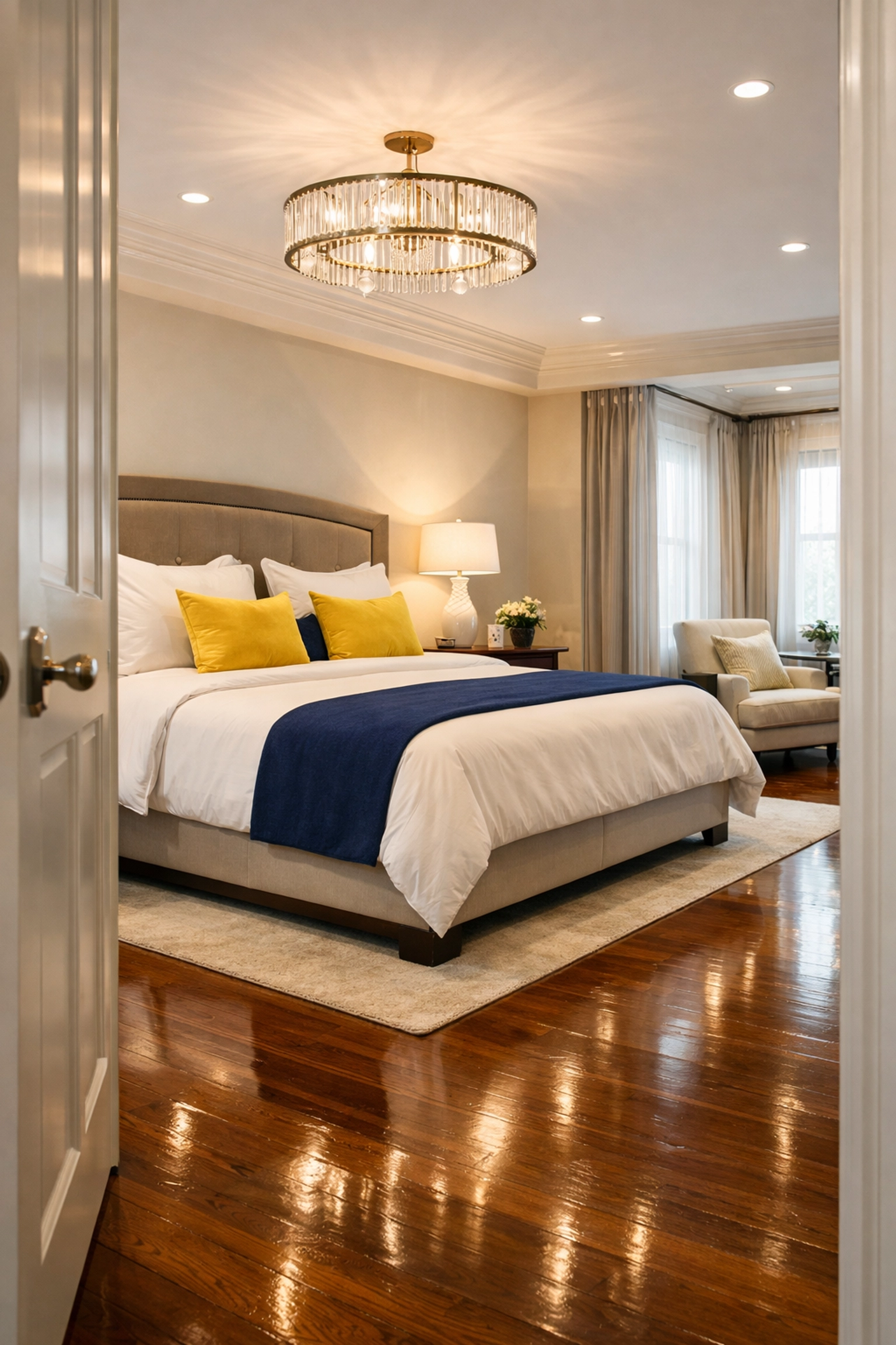 Immaculately maintained luxury bedroom with gleaming floors and fresh linens after professional cleaning.