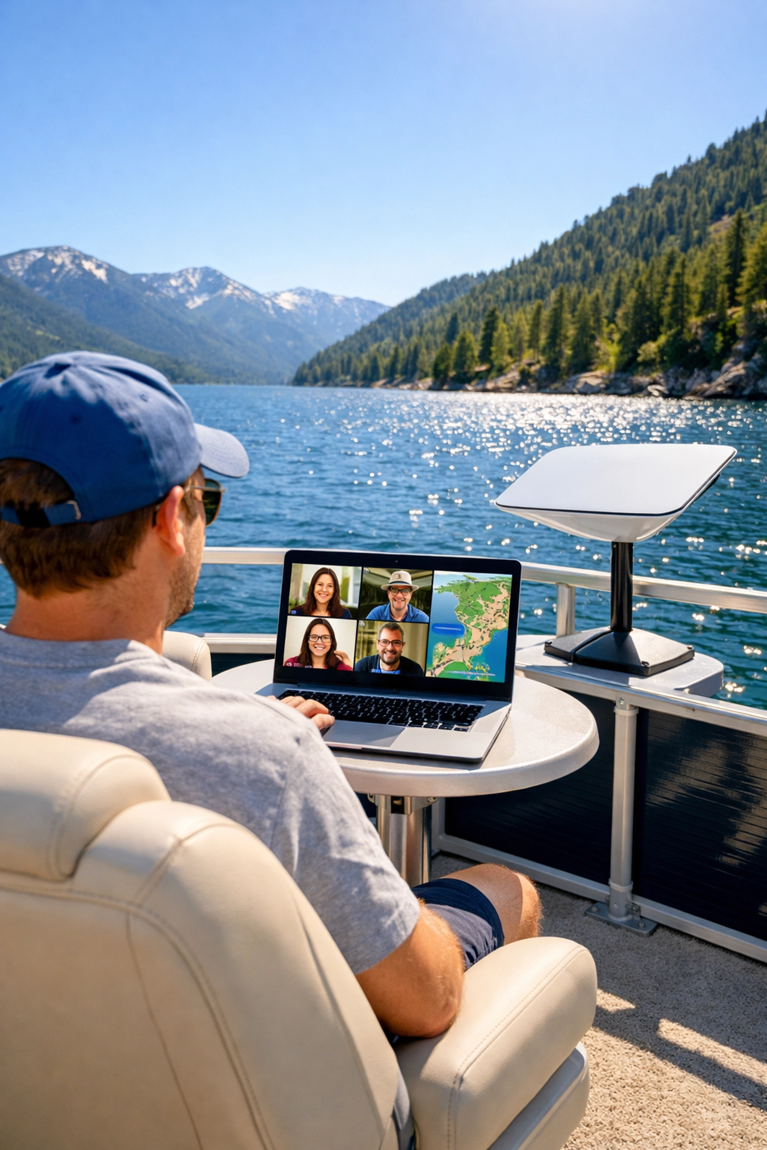 Pontoon boat equipped with a marine satellite internet dish for remote work on the lake.