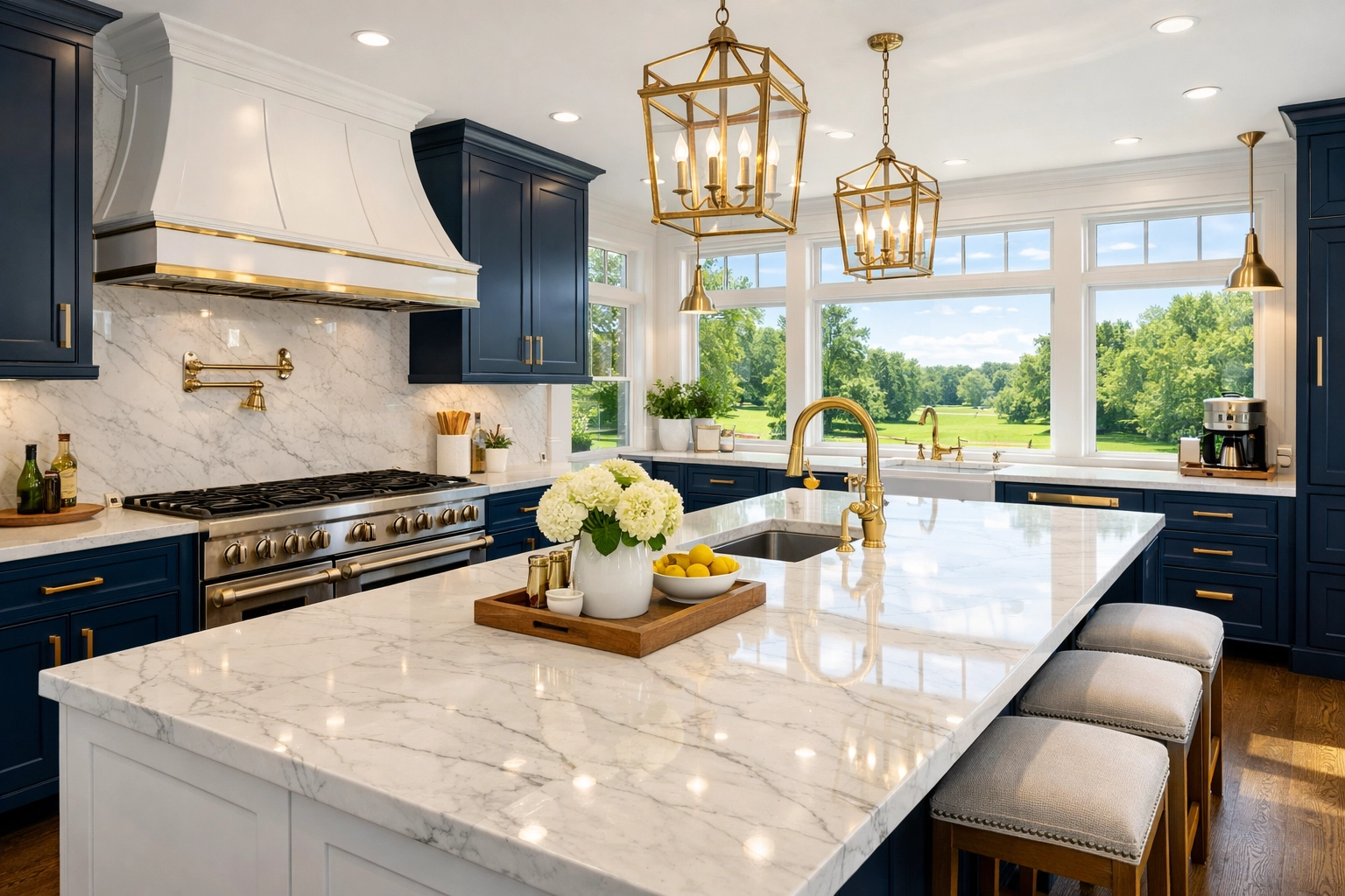 Spotless luxury kitchen in a North Reading estate featuring clean marble counters and high-end cabinetry.
