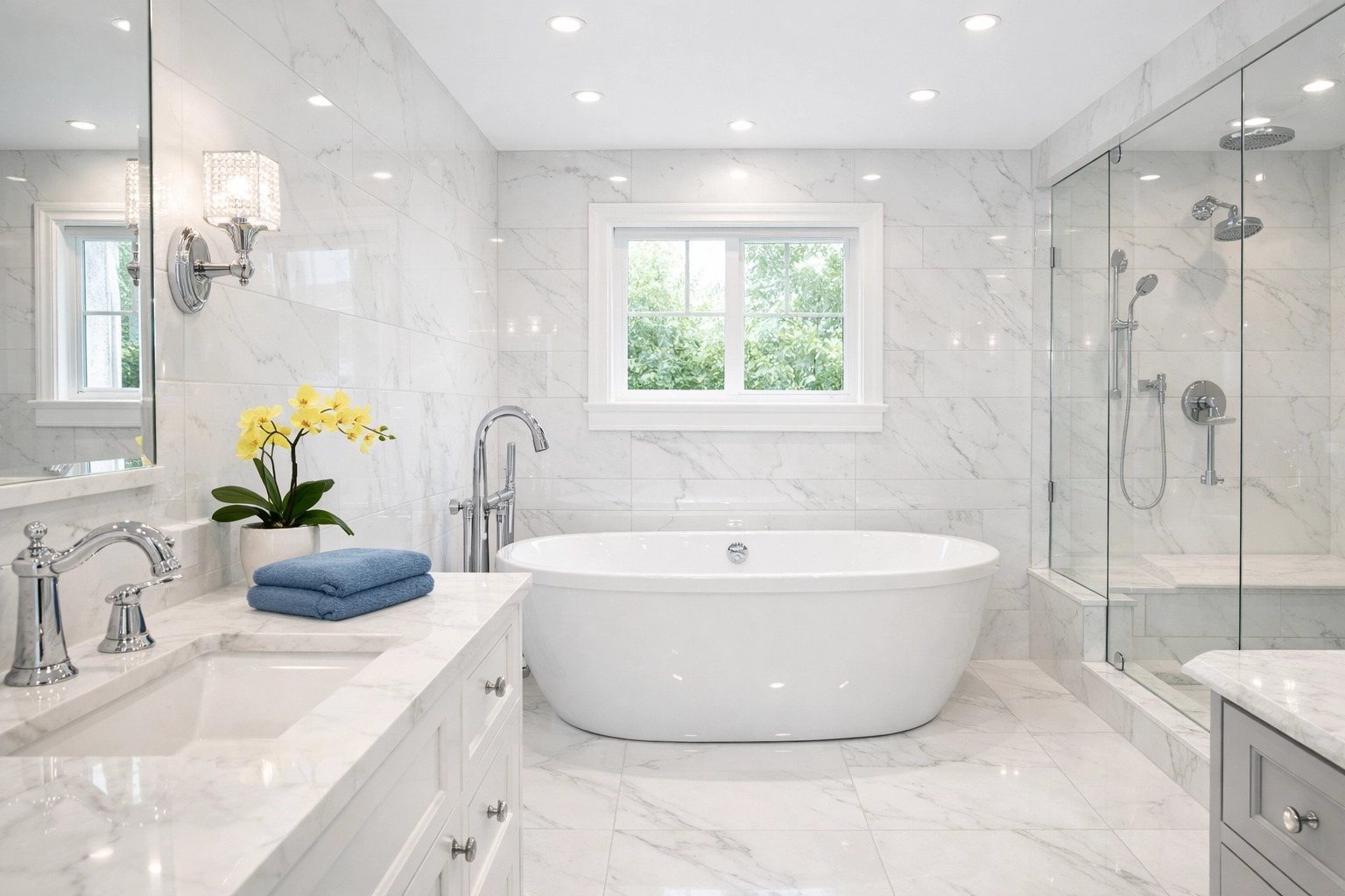 Luxury master bathroom with pristine tile grout and marble surfaces cleaned by professional cleaners MA.