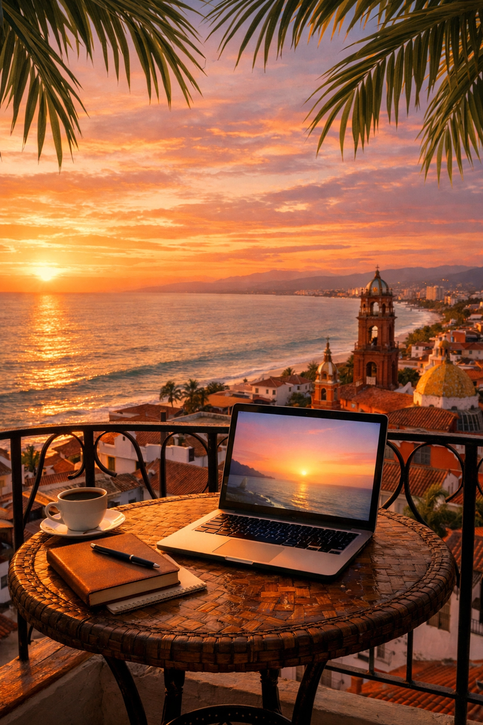 Remote work setup on balcony overlooking Puerto Vallarta coastline at sunset