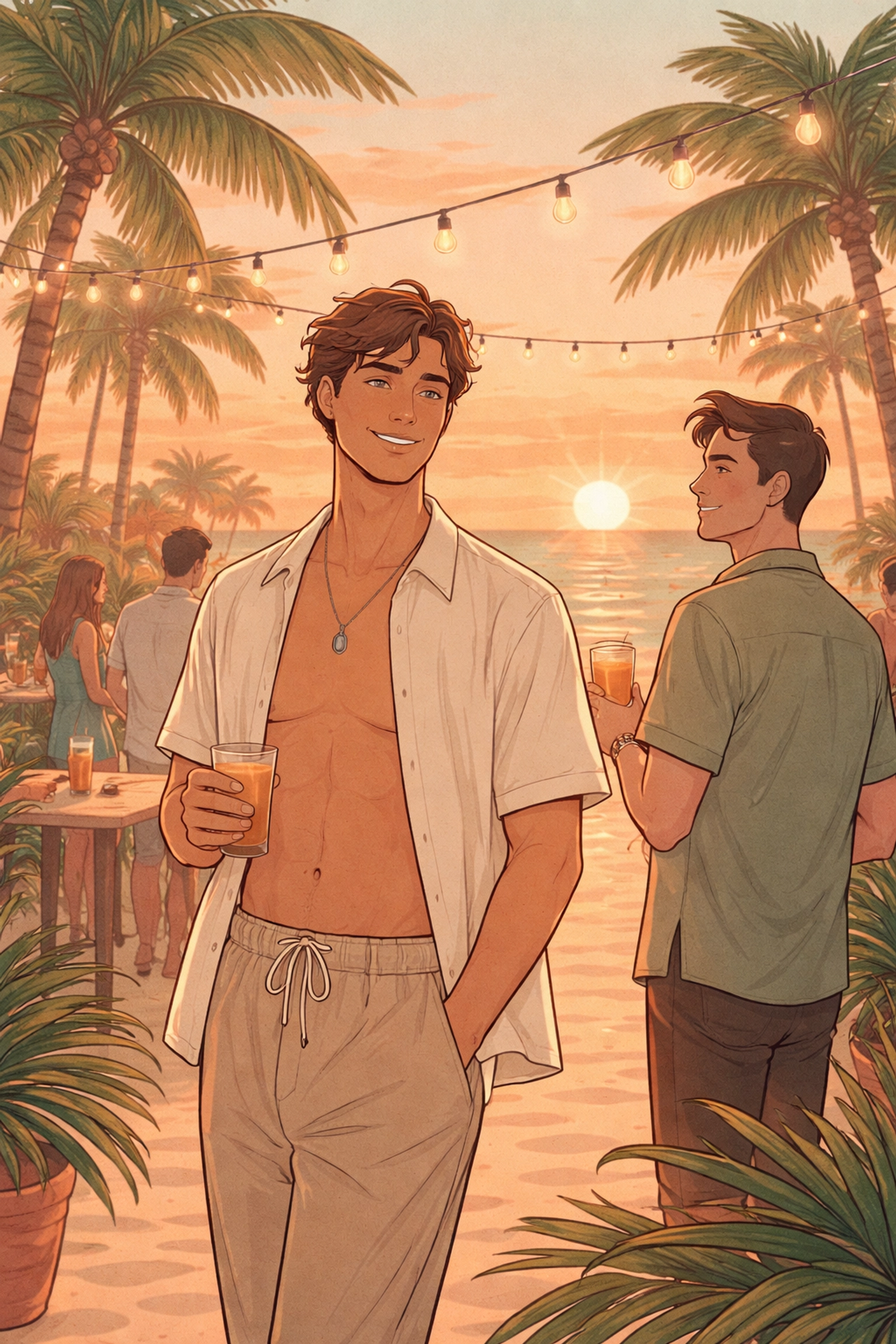 Two men at a lively South Beach sunset party, symbolizing radical honesty and authentic connection in Miami LGBTQ romance.
