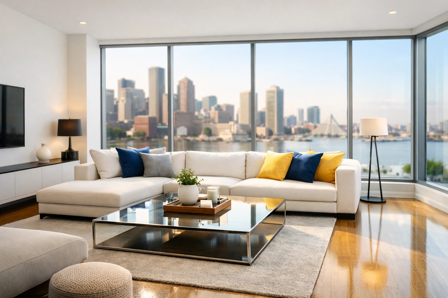 Clean Seaport apartment living room with a Boston skyline view, illustrating stress-free city living and expert care.