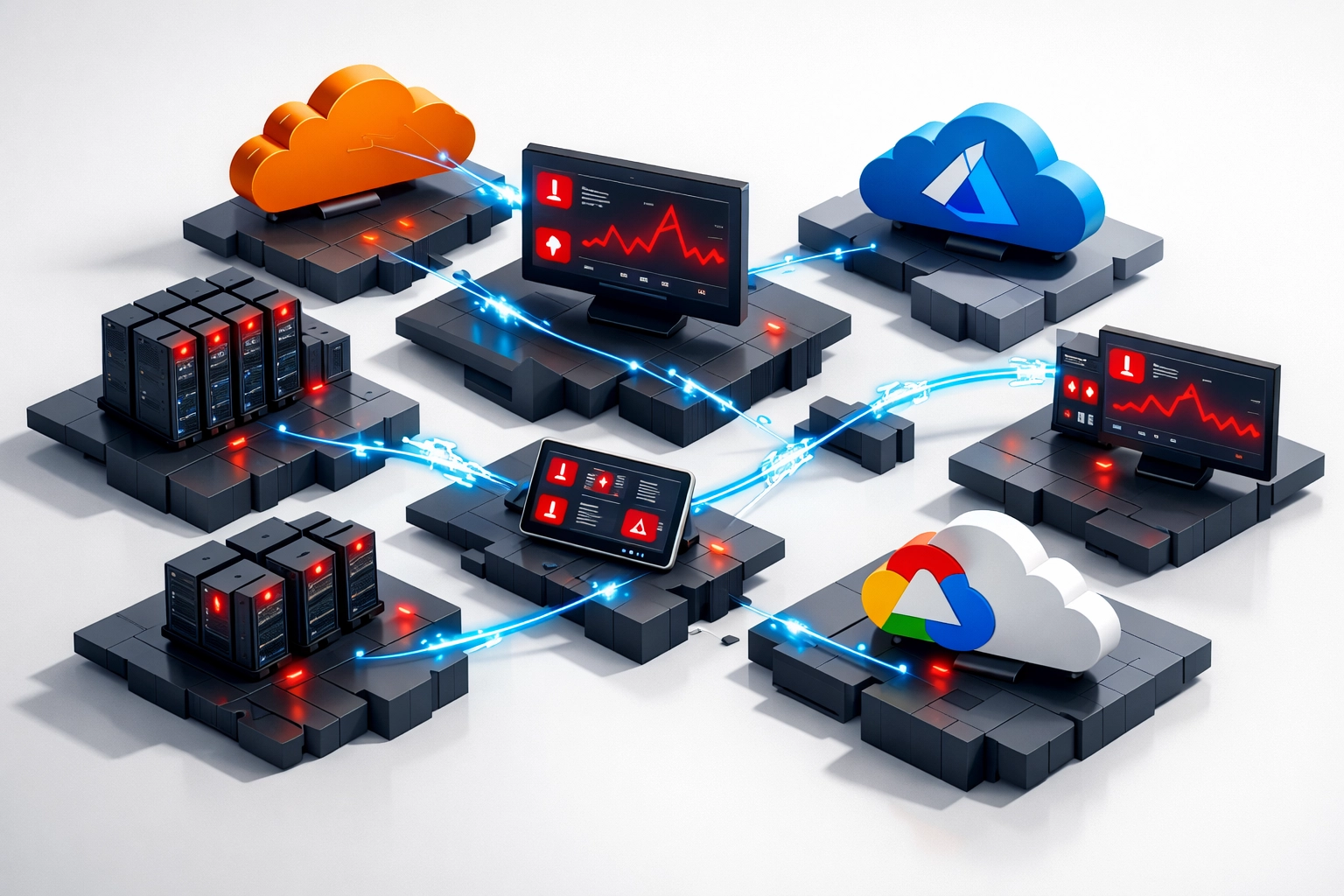 Fragmented IT infrastructure showing disconnected cloud platforms and monitoring alerts before ServiceNow ITOM automation