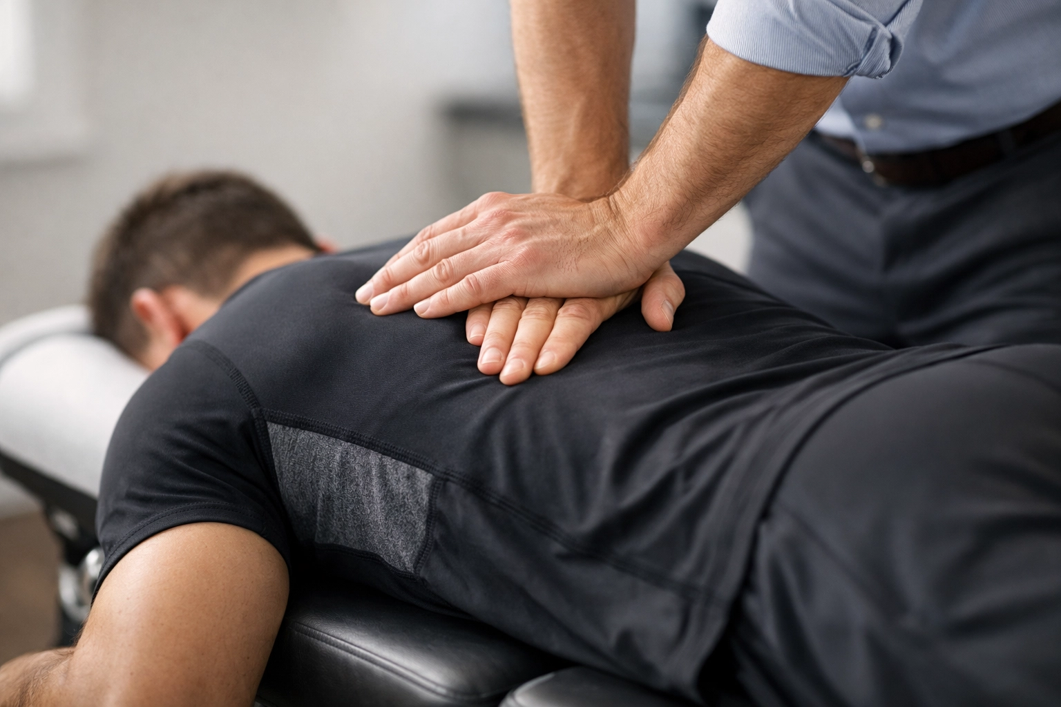 Chiropractor performing precise spinal adjustment on athlete lying on treatment table