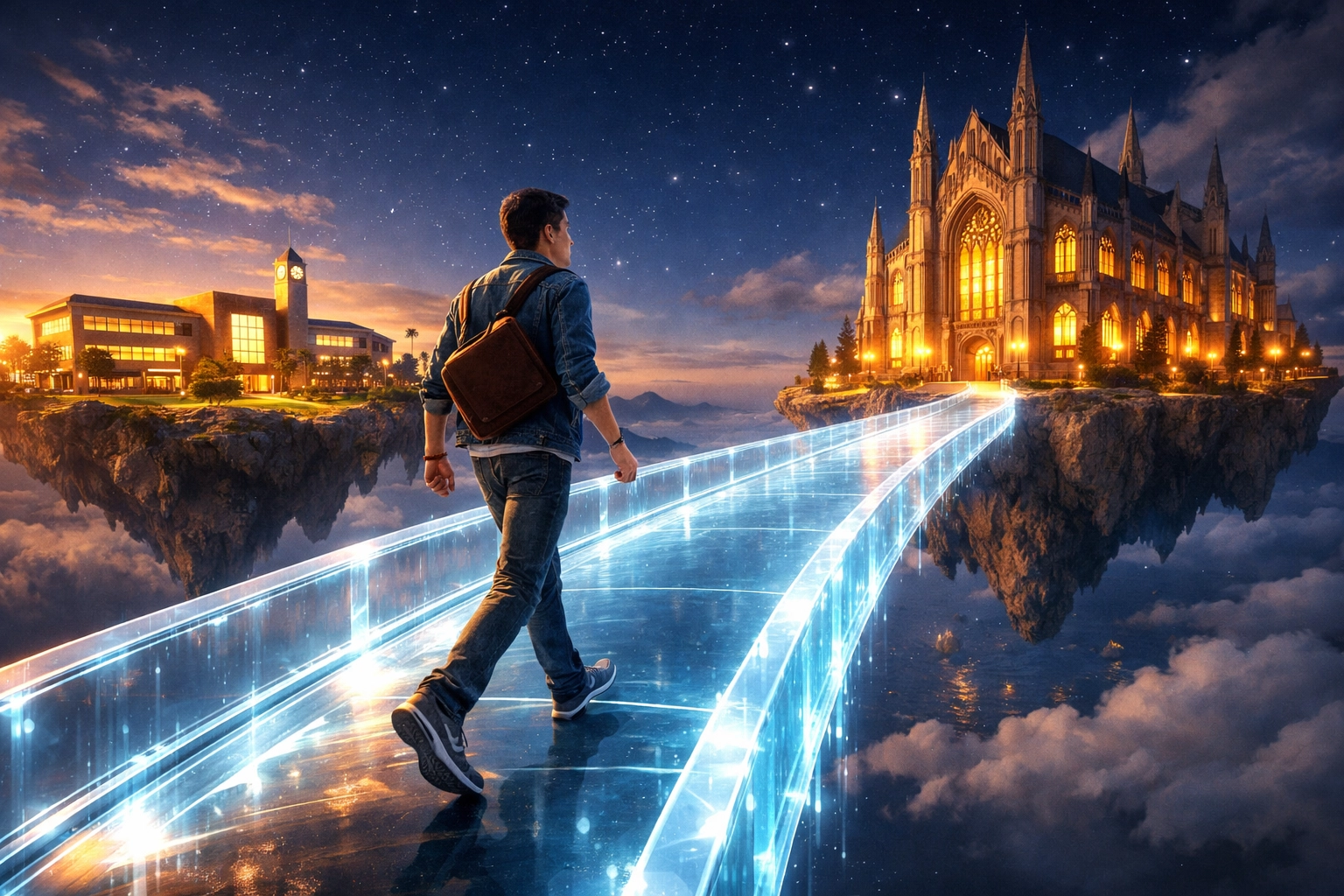 A student crossing a bridge from high school to university, highlighting successful IB diploma program preparation.